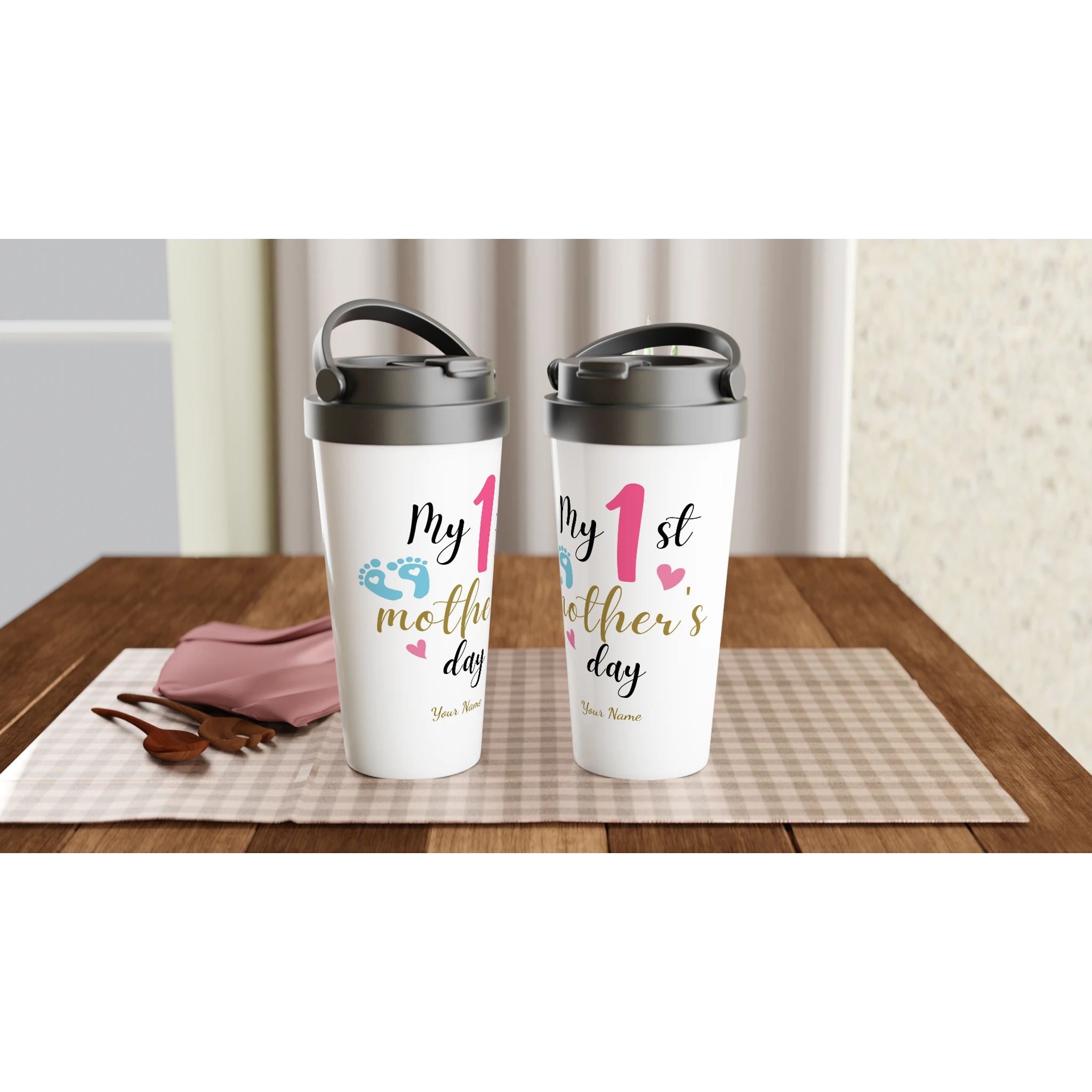 Personalised - My First Mother's Day - White 15oz Stainless Steel Travel Mug Personalised Travel Mug customise Globally Fulfilled Mum personalise