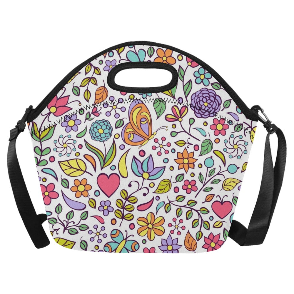 Hippie Butterfly And Flowers Neoprene Lunch Bag/Large (Model 1669) One Size Neoprene Lunch Bag Plants Printed Offshore