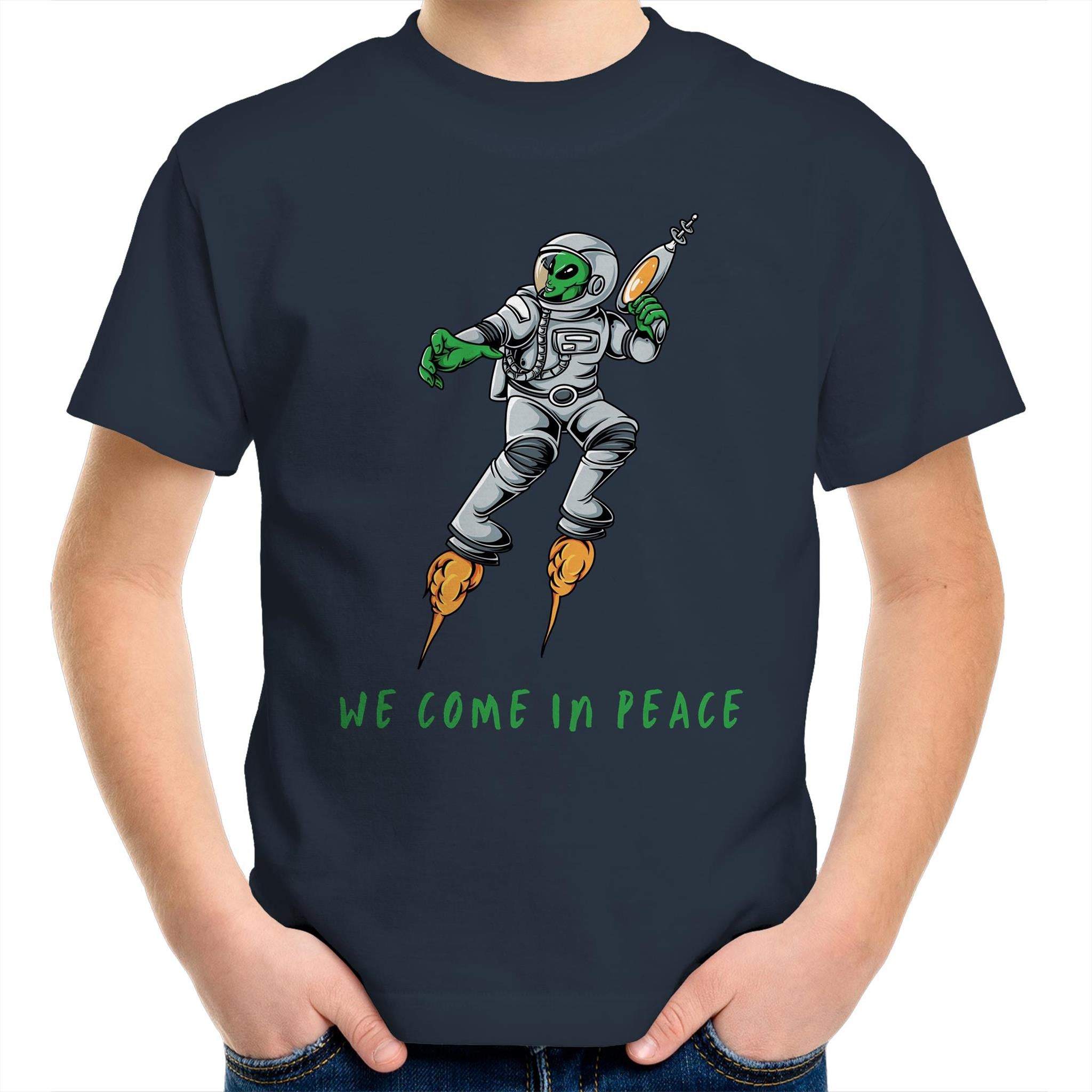 Alien Invasion, We Come In Peace - Kids Youth T-Shirt Navy Kids Youth T-shirt Printed In Australia Sci Fi