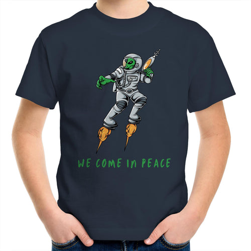 Alien Invasion, We Come In Peace - Kids Youth T-Shirt Navy Kids Youth T-shirt Printed In Australia Sci Fi
