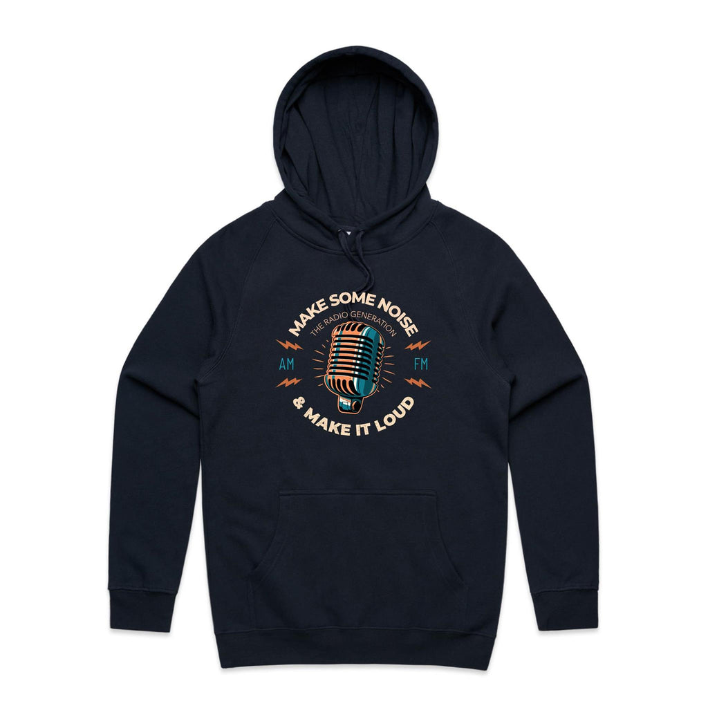 Make Some Noise, Retro Microphone - Mens Hoodie Navy Mens Hoodie Music Printed In Australia Retro