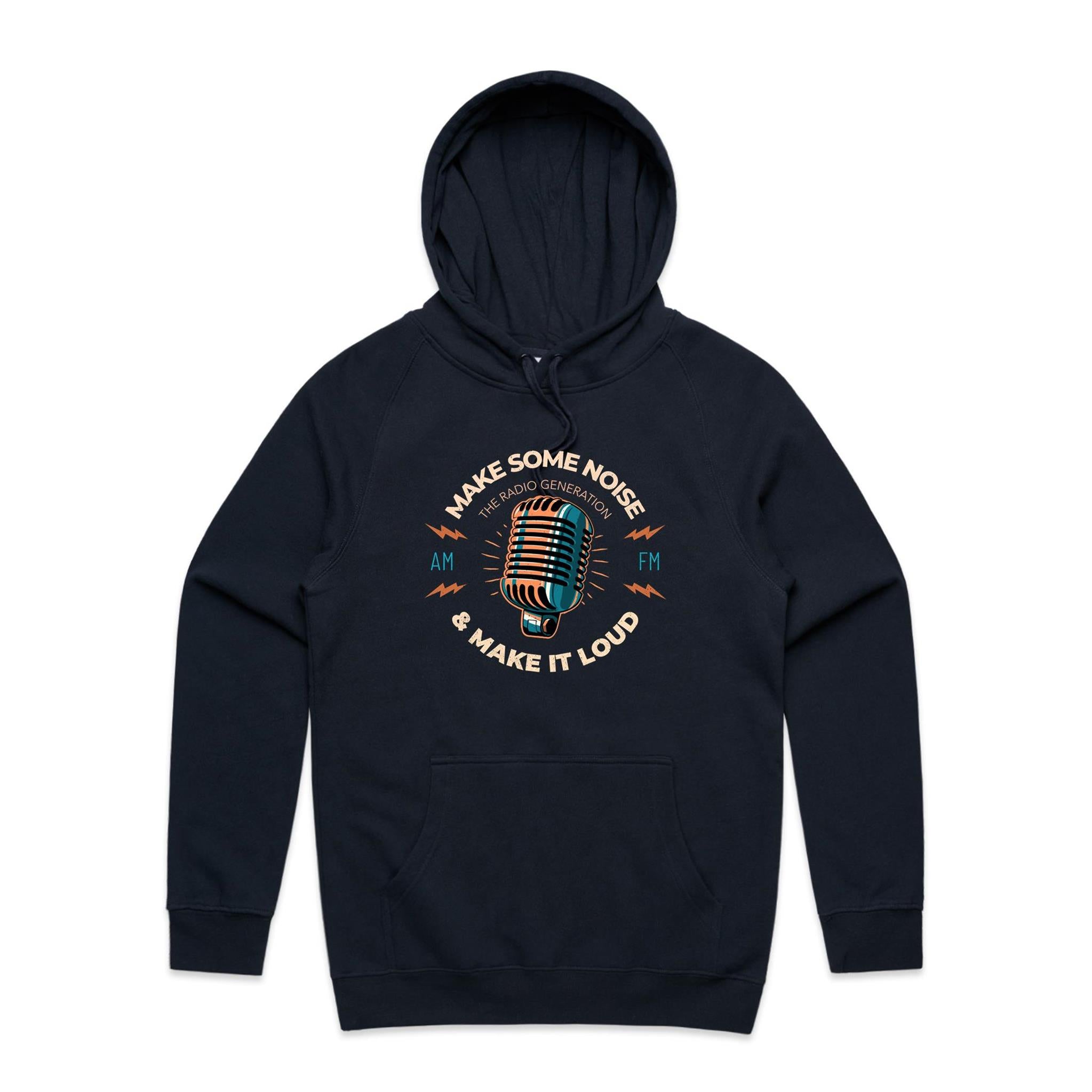 Make Some Noise, Retro Microphone - Mens Hoodie Navy Mens Hoodie Music Printed In Australia Retro