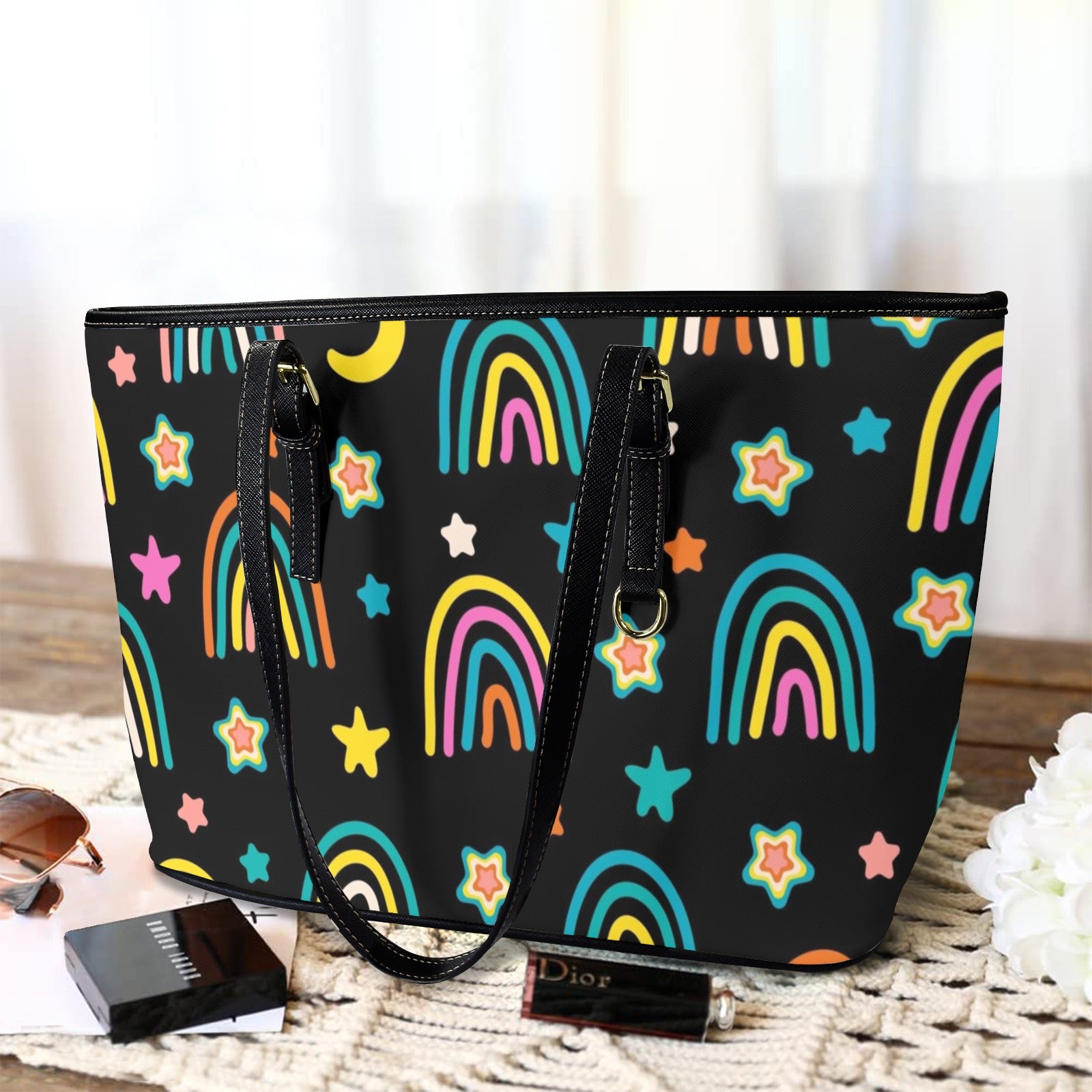 Rainbows - Leather Tote Bag-Large