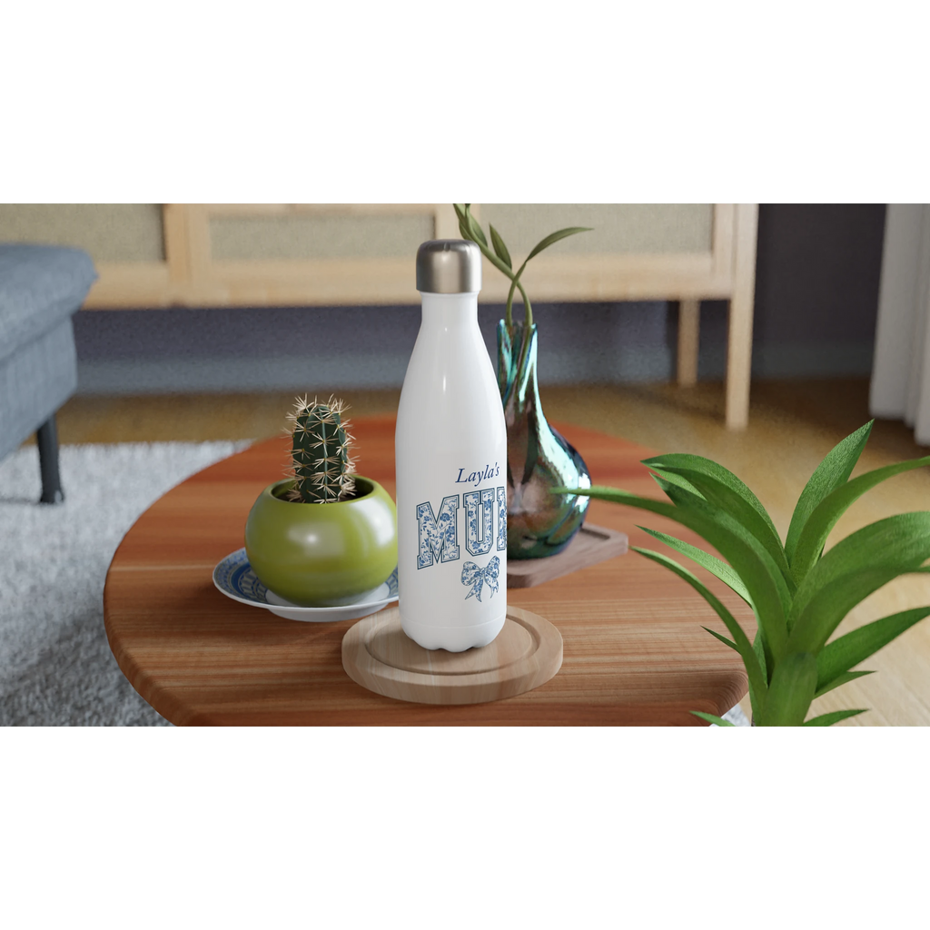 Mum, Blue Floral - White 17oz Stainless Steel Water Bottle Personalised Water Bottle customise Globally Fulfilled Initial Mum Music Name personalise