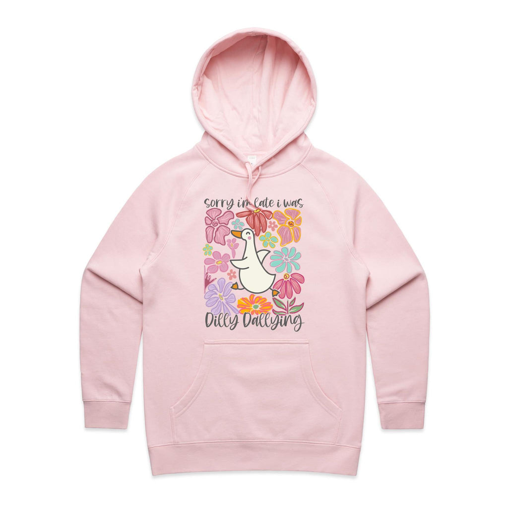 Sorry I'm Late, I Was Dilly Dallying - Womens Hoodie Pink Womens Hoodie animal Printed In Australia