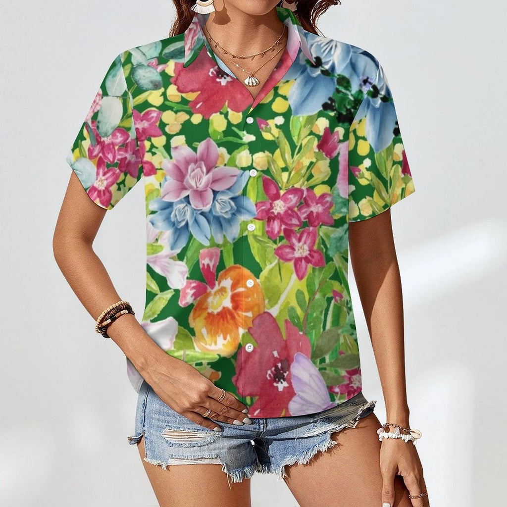 Bright Floral Women's Collared Pocketless Short Sleeve Shirt