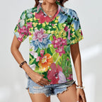 Bright Floral Women's Collared Pocketless Short Sleeve Shirt