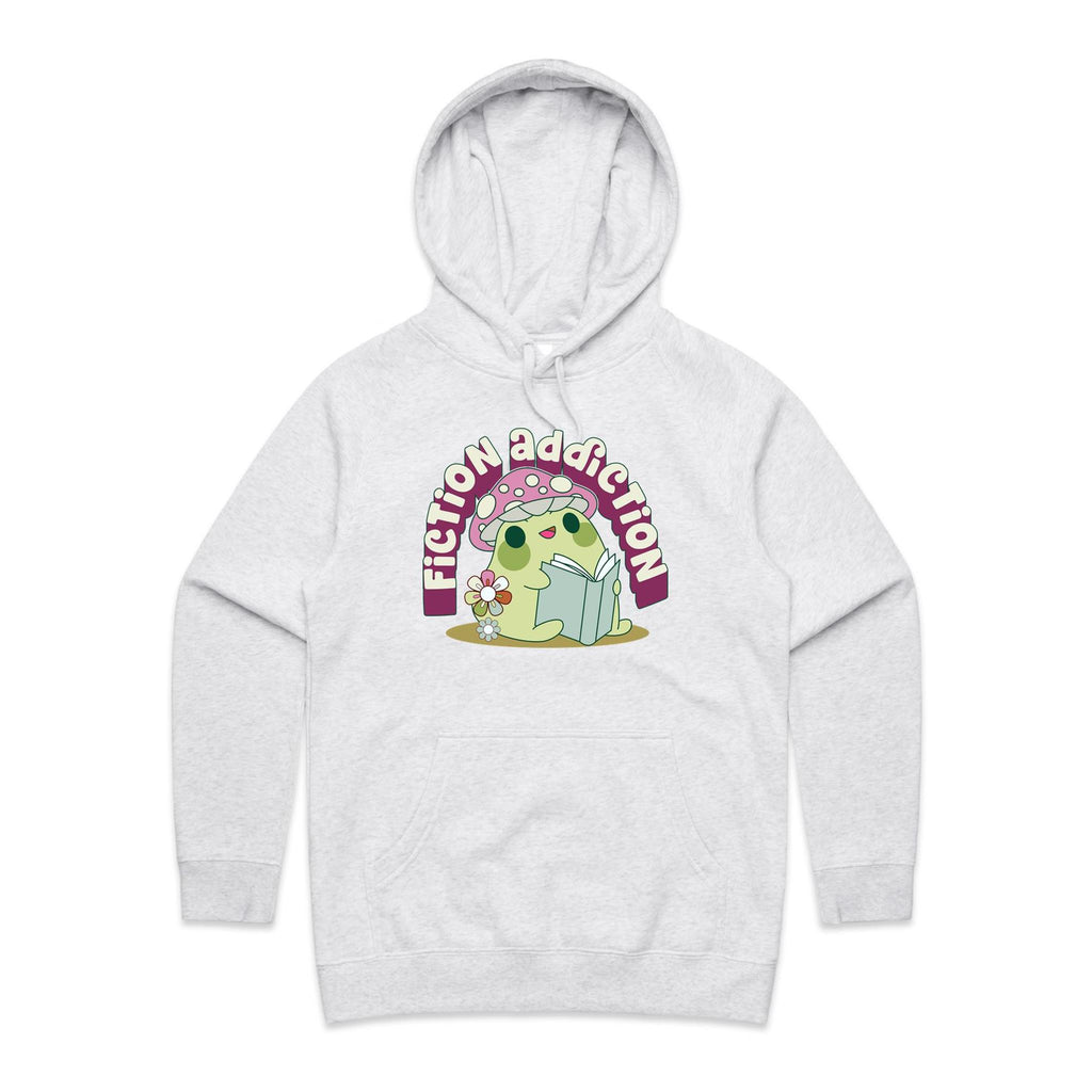 Fiction Addiction - Womens Hoodie White Marle Womens Hoodie Printed In Australia Reading