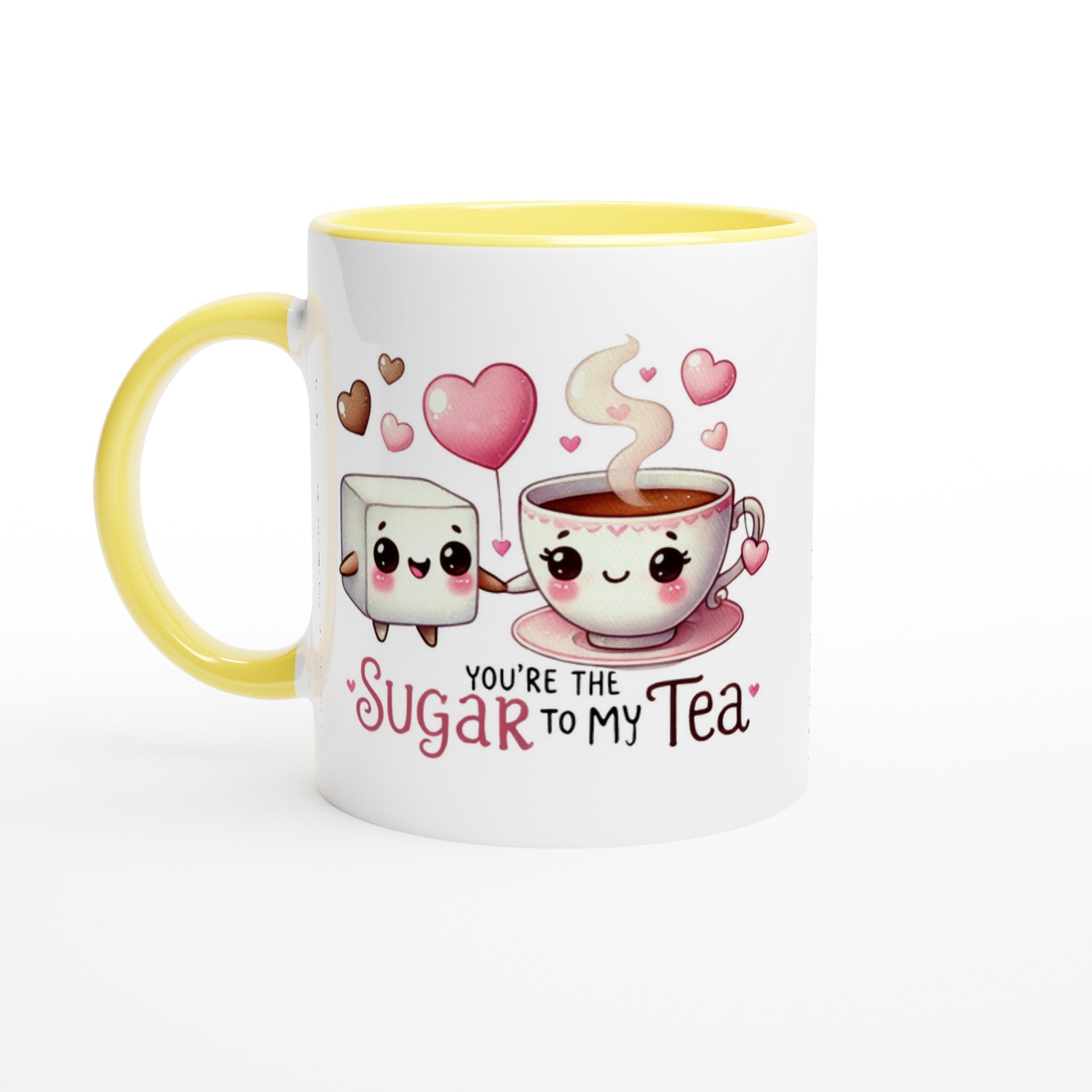 You're The Sugar To My Tea, Valentine - White 11oz Ceramic Mug with Colour Inside Ceramic Yellow Colour 11oz Mug Food Globally Fulfilled Love