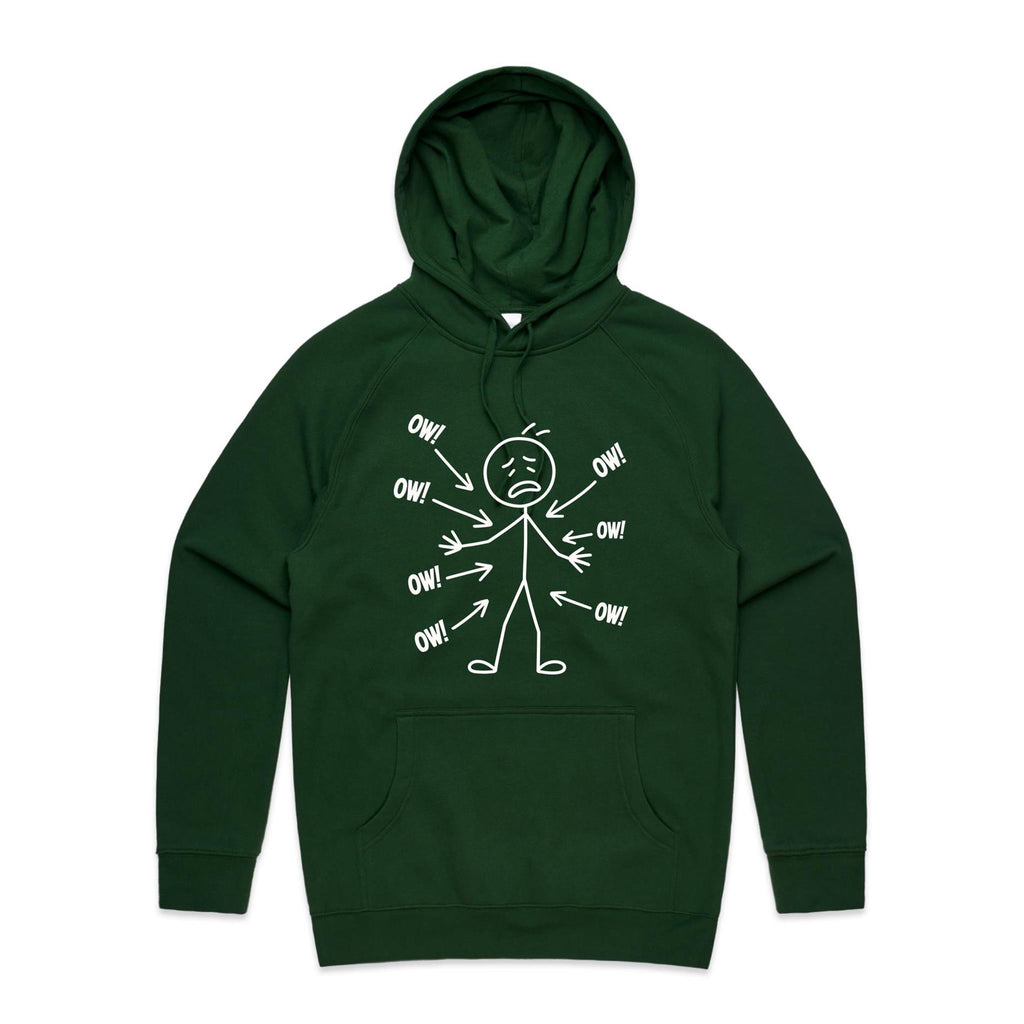 Ow! Everything Hurts Stick Figure Men's AS Colour Hoodie Forest Green Mens Hoodie Printed In Australia