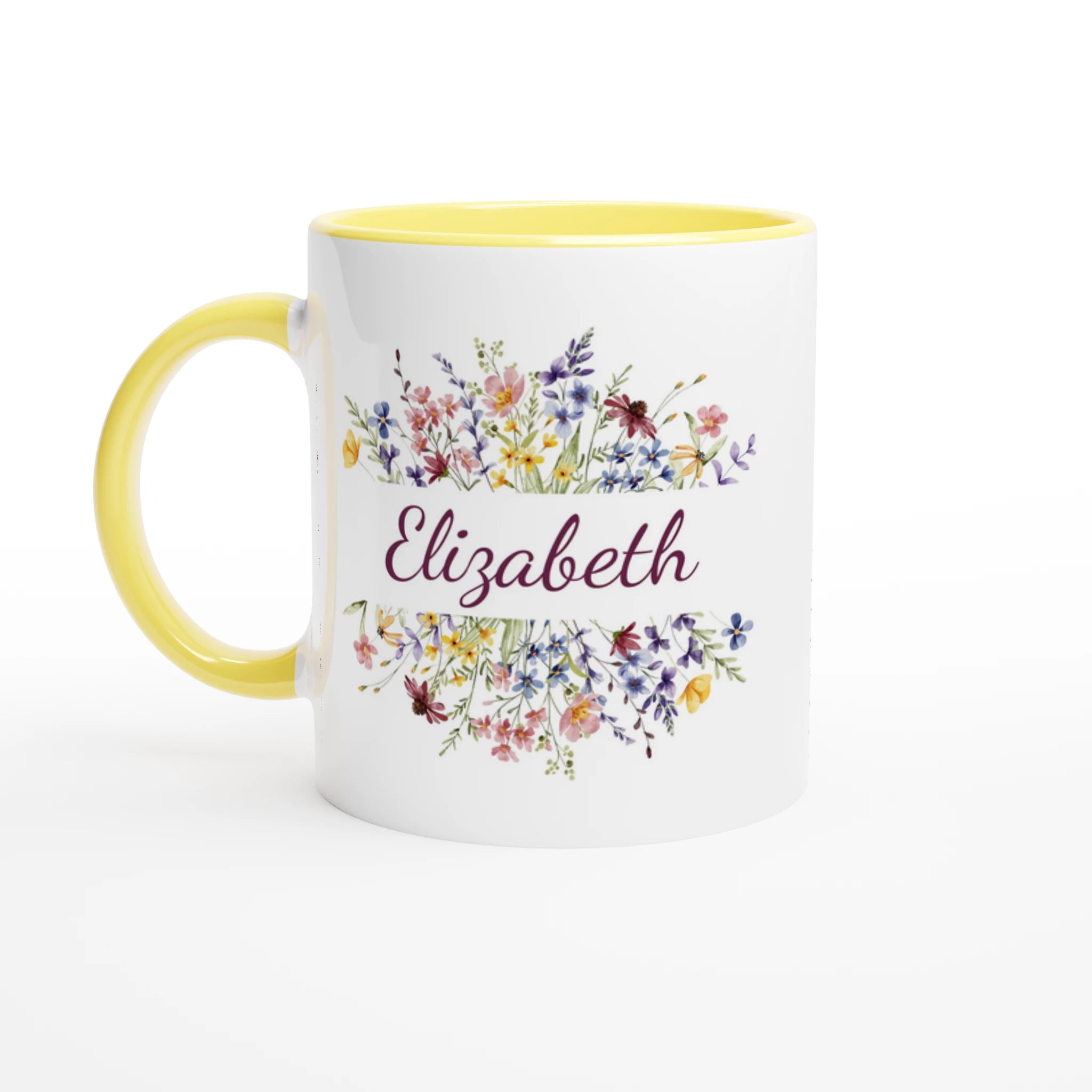Personalise - Flower Frame Name - 11oz Ceramic Mug Ceramic Yellow Personalised 11oz Mug customise Globally Fulfilled Name personalise Plants