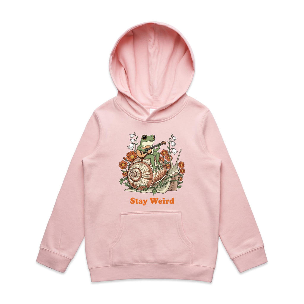 Stay Weird, Guitar Playing Frog On A Snail - Kids Hoodie