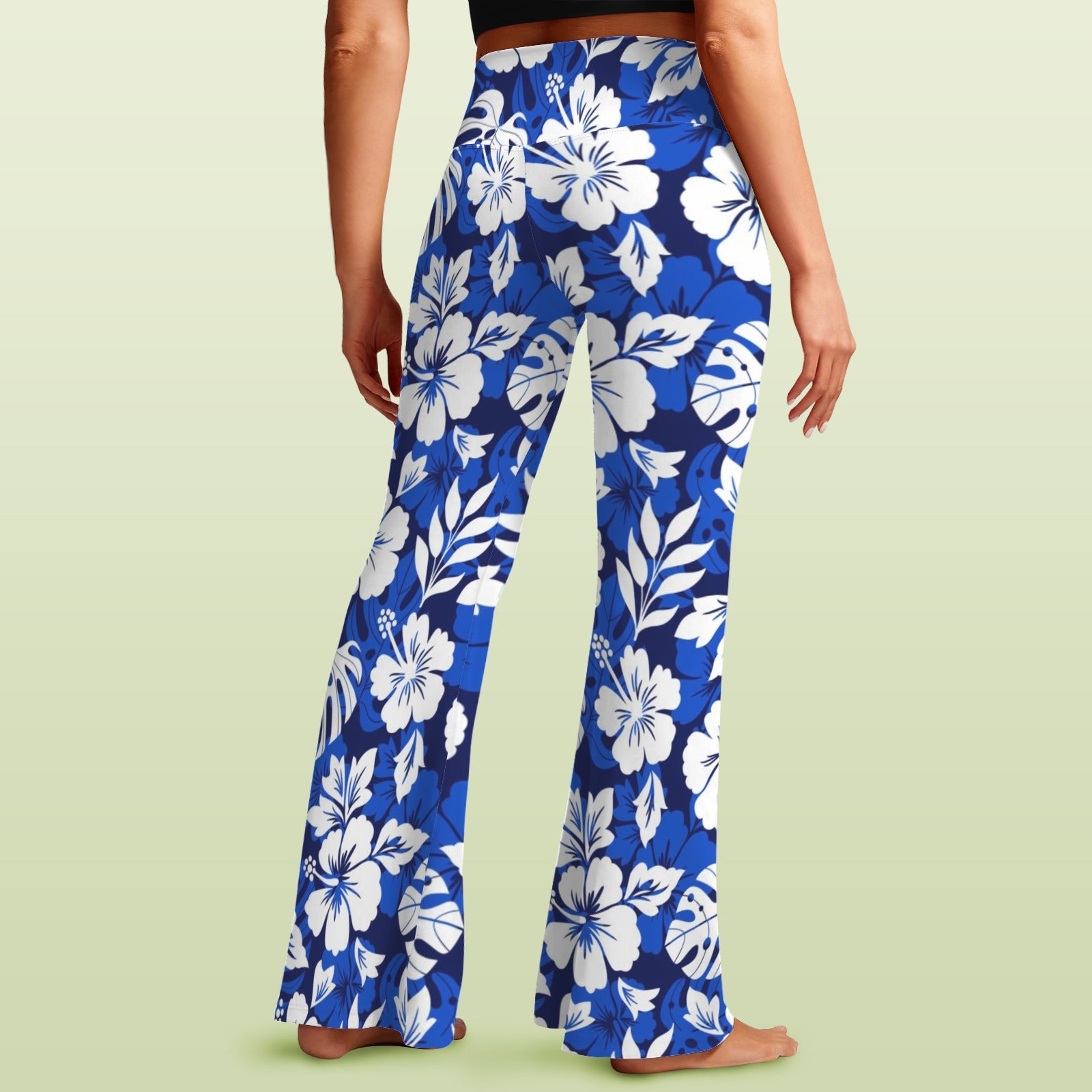 Blue Hawaiian Floral High Waist Crossover Tummy Control Flare Leggings High Waist Flare Leggings Plants Printed Offshore