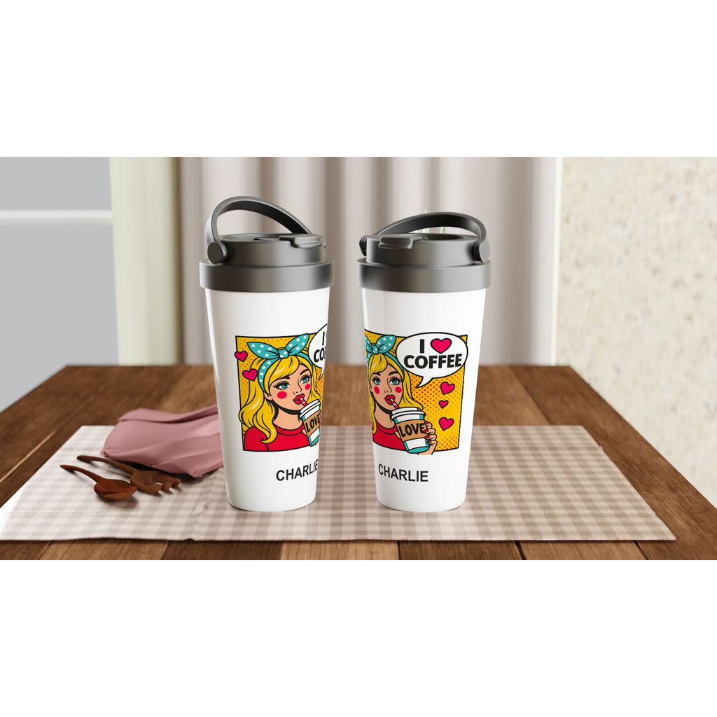 Personalised I Love Coffee, Retro Pop Art White 15oz Stainless Steel Travel Mug Personalised Travel Mug Coffee comic Globally Fulfilled Retro