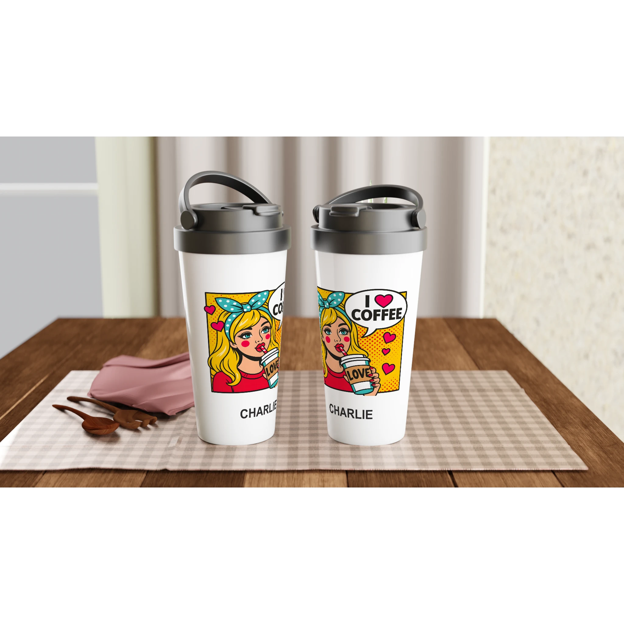 Personalised - I Love Coffee, Retro Pop Art - White 15oz Stainless Steel Travel Mug Personalised Travel Mug Coffee comic Globally Fulfilled Retro