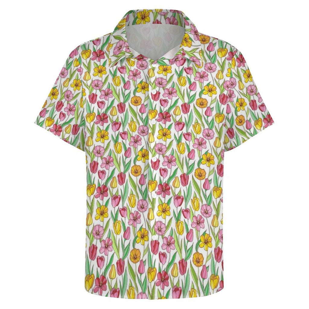 Pink And Yellow Floral Women's Collared Pocketless Short Sleeve Shirt