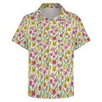 Pink And Yellow Floral Women's Collared Pocketless Short Sleeve Shirt
