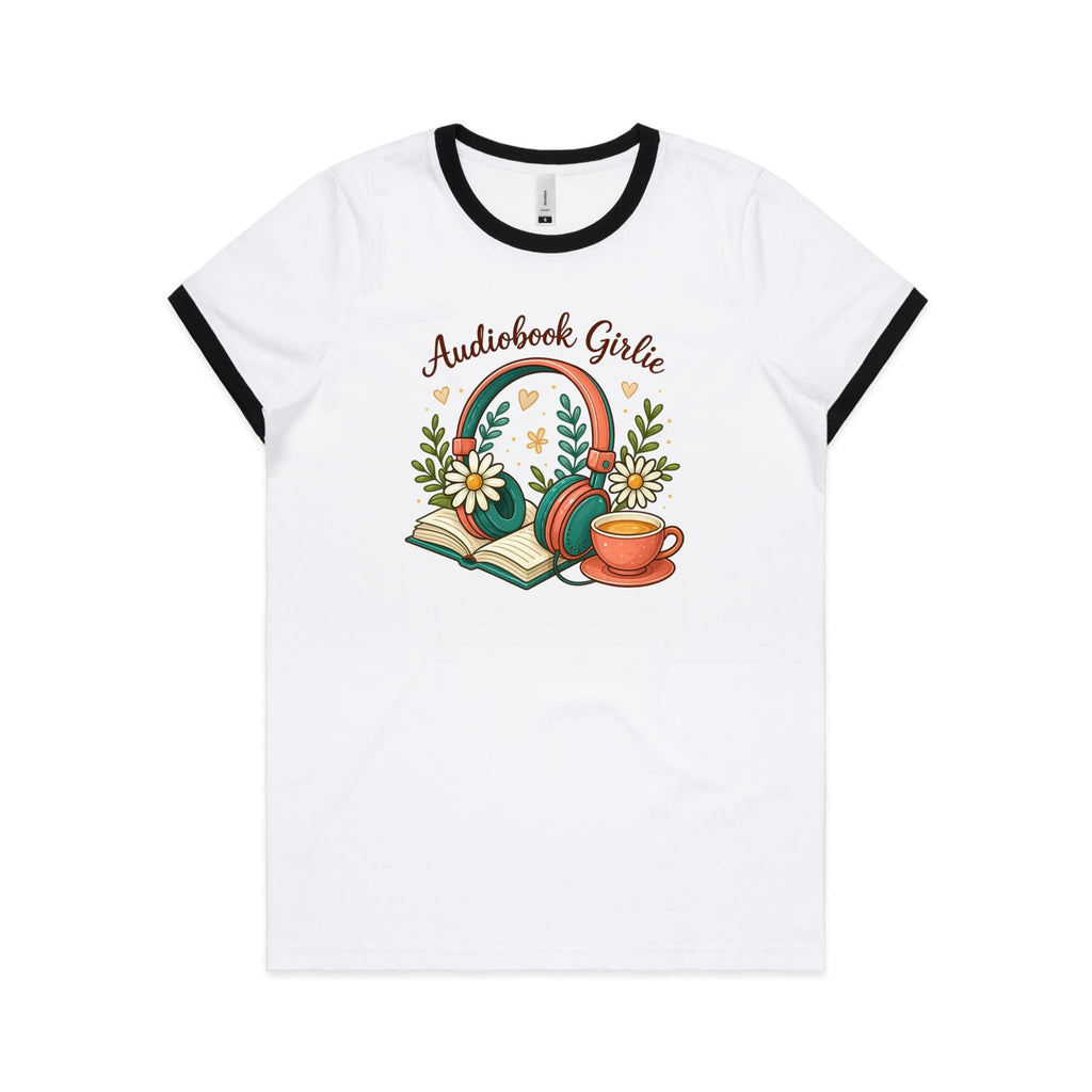Audiobook Girlie - AS Colour Women's Ringer Tee White Black Womens Ringer T-shirt Printed In Australia Reading