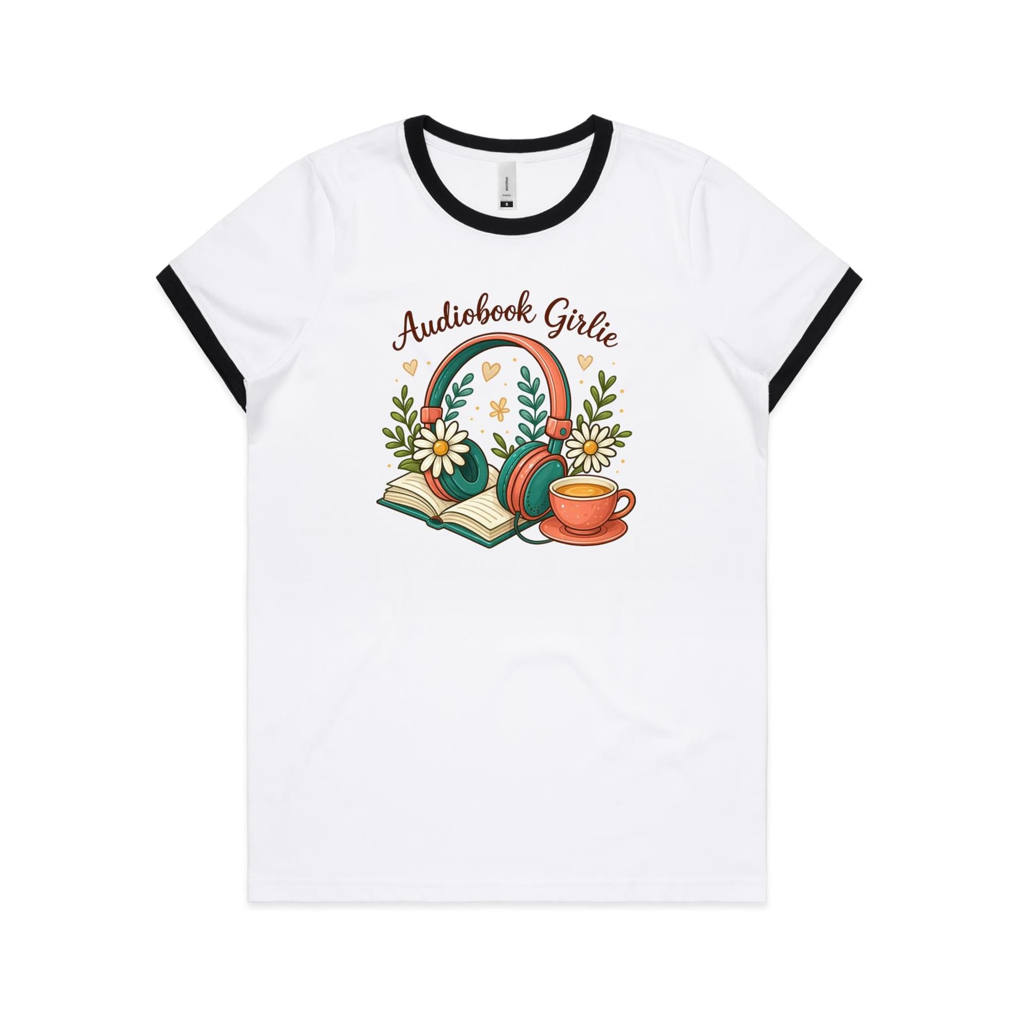 Audiobook Girlie - AS Colour Women's Ringer Tee White Black Womens Ringer T-shirt Printed In Australia Reading