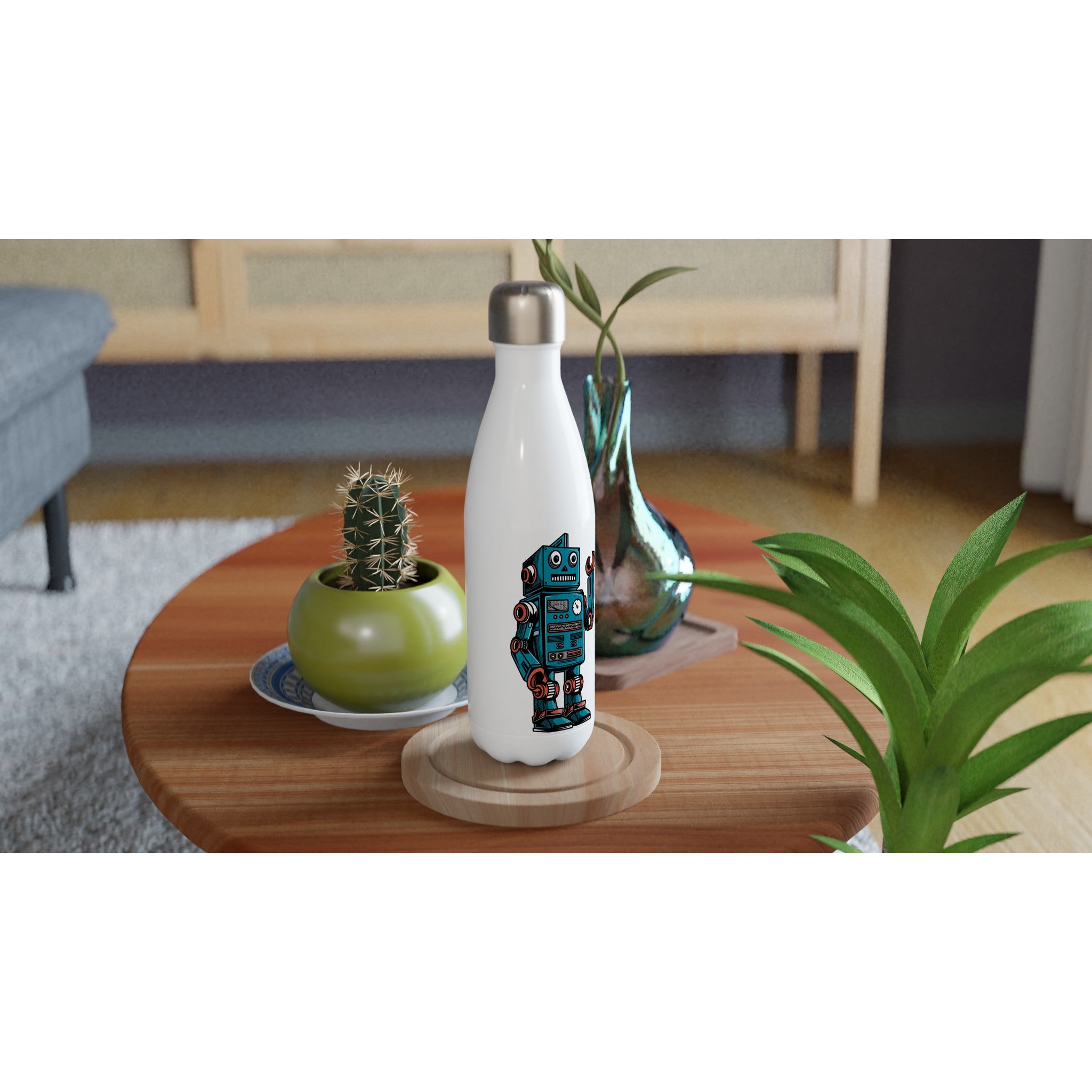 Robot - White 17oz Stainless Steel Water Bottle White Water Bottle Globally Fulfilled Sci Fi