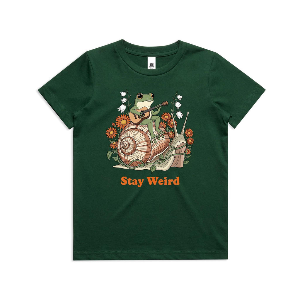 Stay Weird, Guitar Playing Frog On A Snail Kid's AS Colour T-shirt Forest Green Kids Youth T-shirt animal Music Printed In Australia