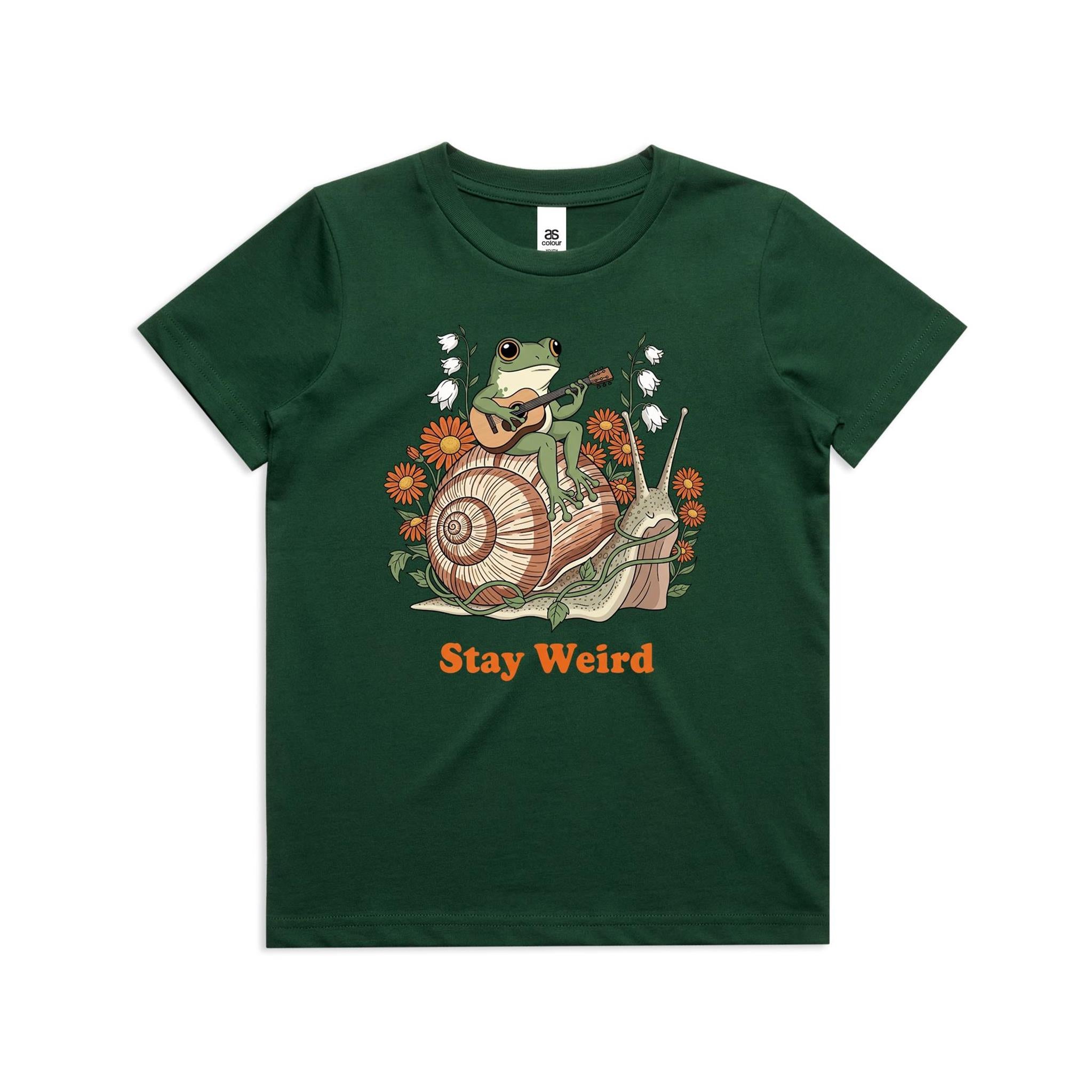 Stay Weird, Guitar Playing Frog On A Snail Kid's AS Colour T-shirt Forest Green Kids Youth T-shirt animal Music Printed In Australia
