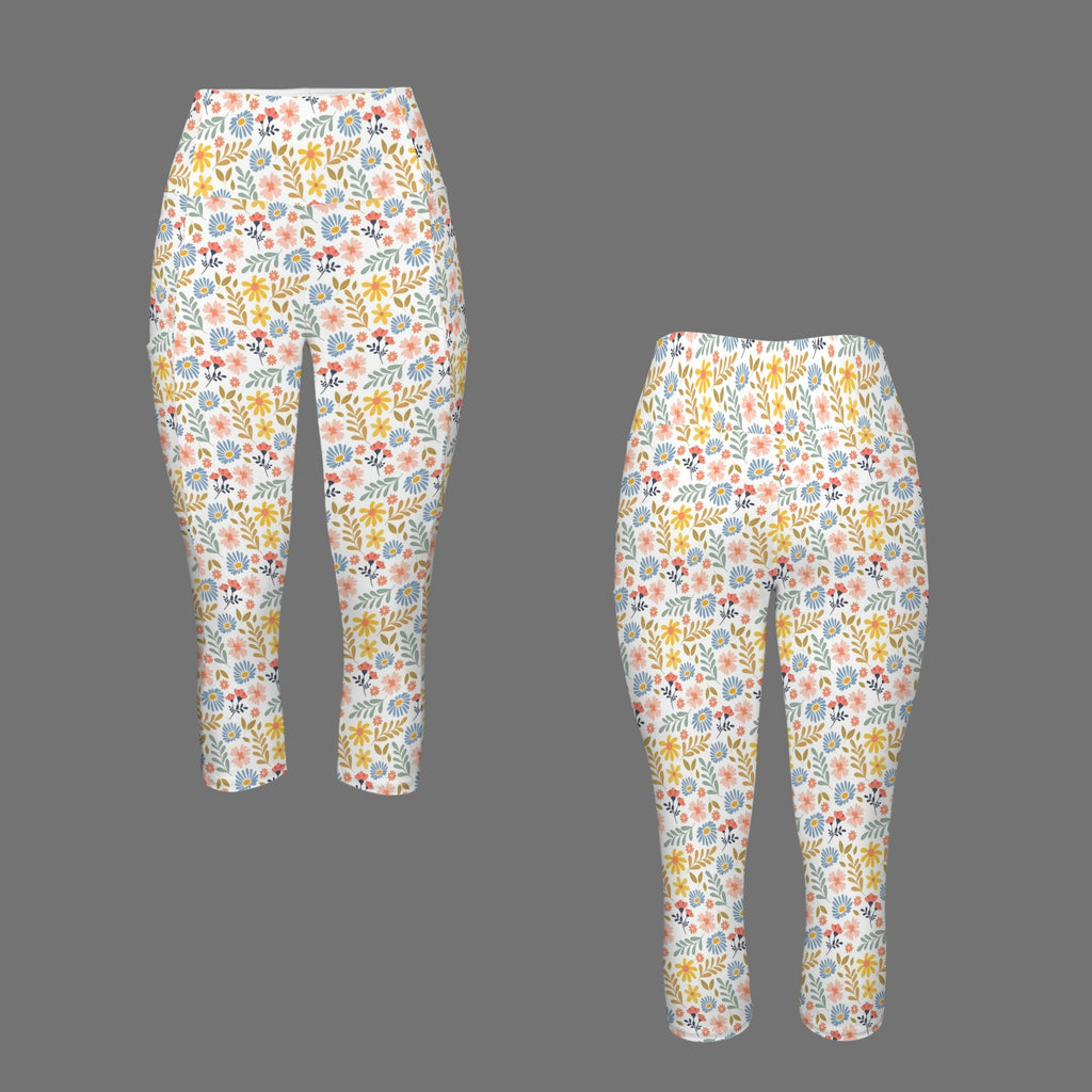 Boho Flowers And Leaves Women's High Waist Pocket Capri Yoga Leggings Women's High Waist Capri Yoga Leggings Plants Printed Offshore