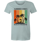 Summer Vibes, Beach Paradise - Womens T-shirt Pale Blue Womens T-shirt Printed In Australia Summer Surf