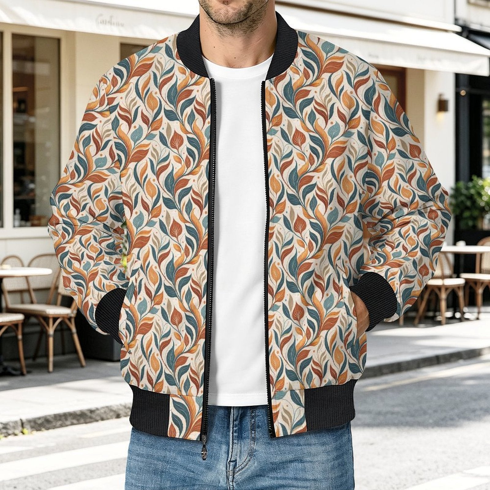 Whimsical Leaf Swirl Men's Casual Zip‑Up Bomber Jacket
