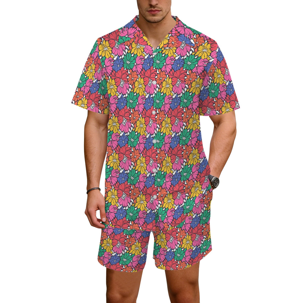 Bright And Bold Flowers Men's Hawaiian Shirt & Shorts Set Men's Hawaiian Shirt & Shorts Set Plants Printed Offshore