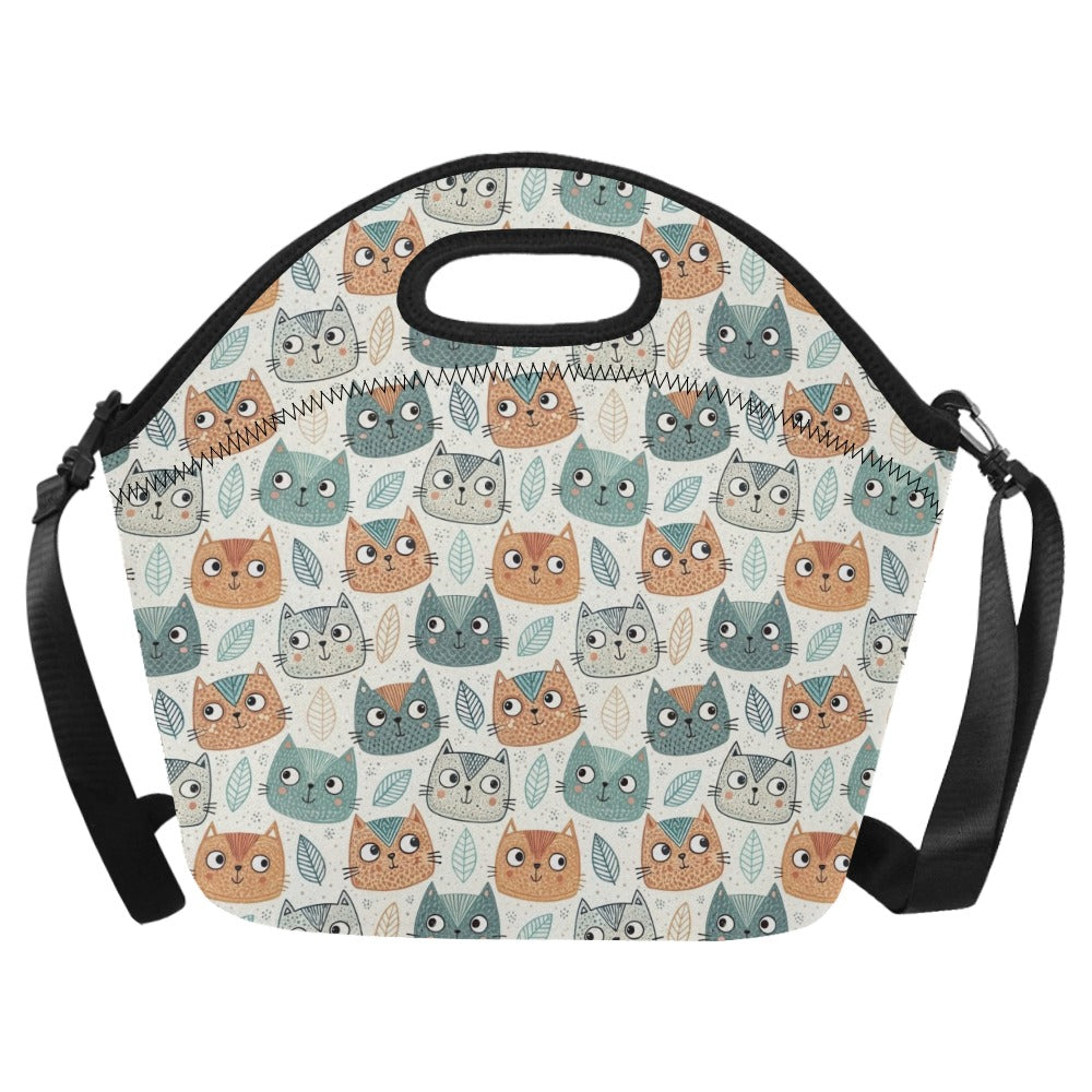 Cute Cat Faces Neoprene Lunch Bag/Large (Model 1669) One Size Neoprene Lunch Bag animal Printed Offshore