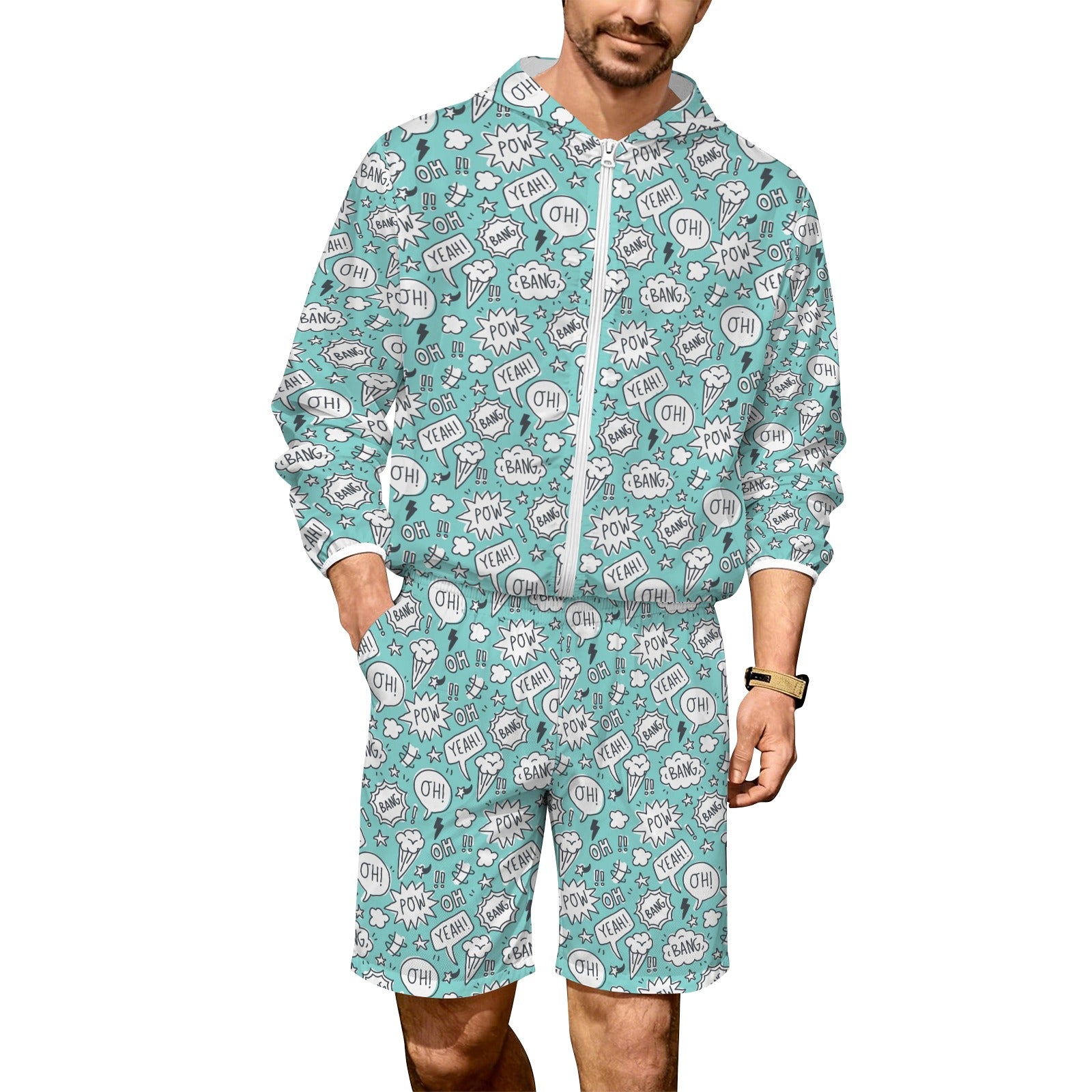 Comic Book Speech Bubbles Men's Lightweight Sun Hoodie & Shorts Set 4XL Men's Lightweight Sun Hoodie & Shorts comic Printed Offshore