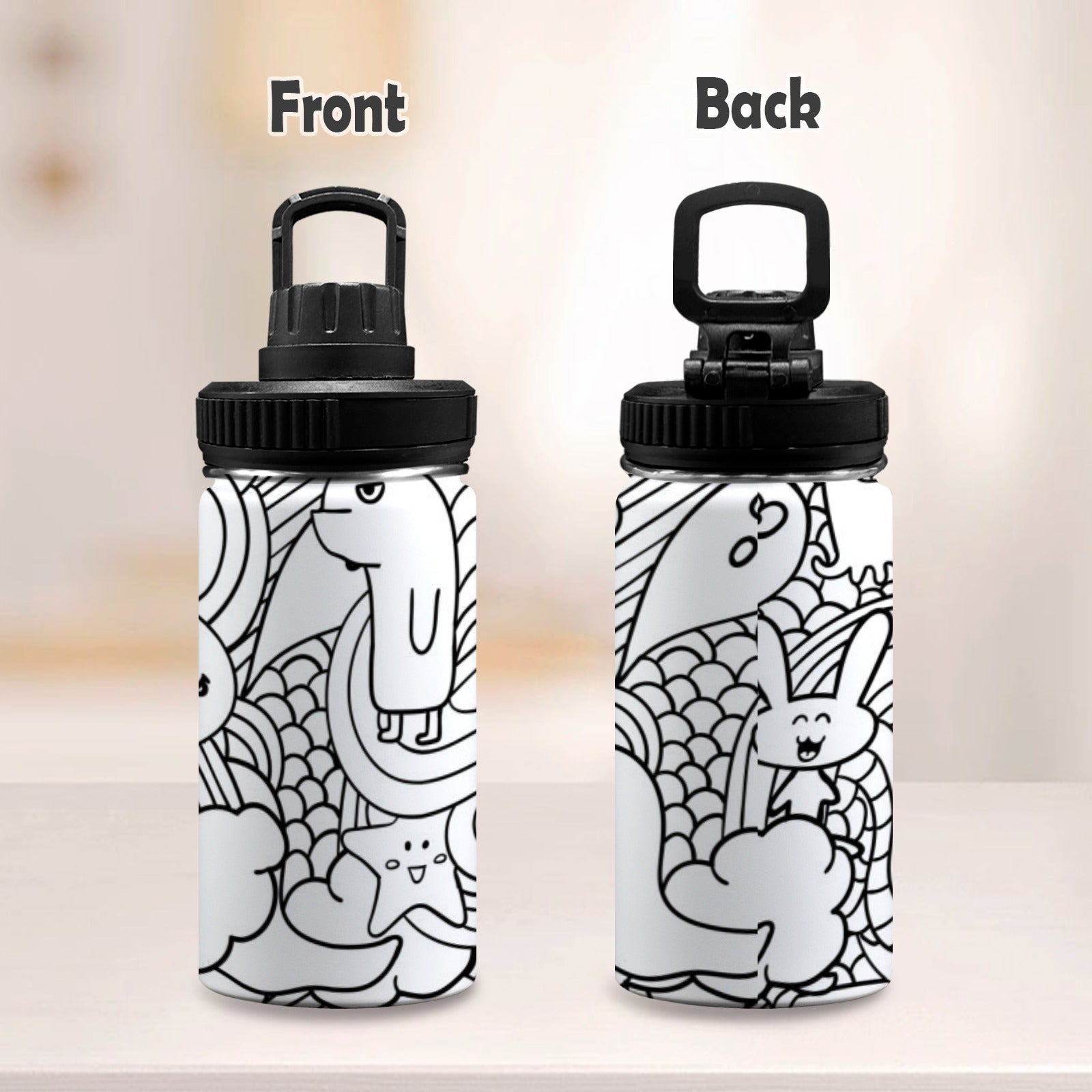 Black And White Creatures - Kids Water Bottle with Chug Lid (12 oz) Kids Water Bottle with Chug Lid Printed Offshore Sci Fi