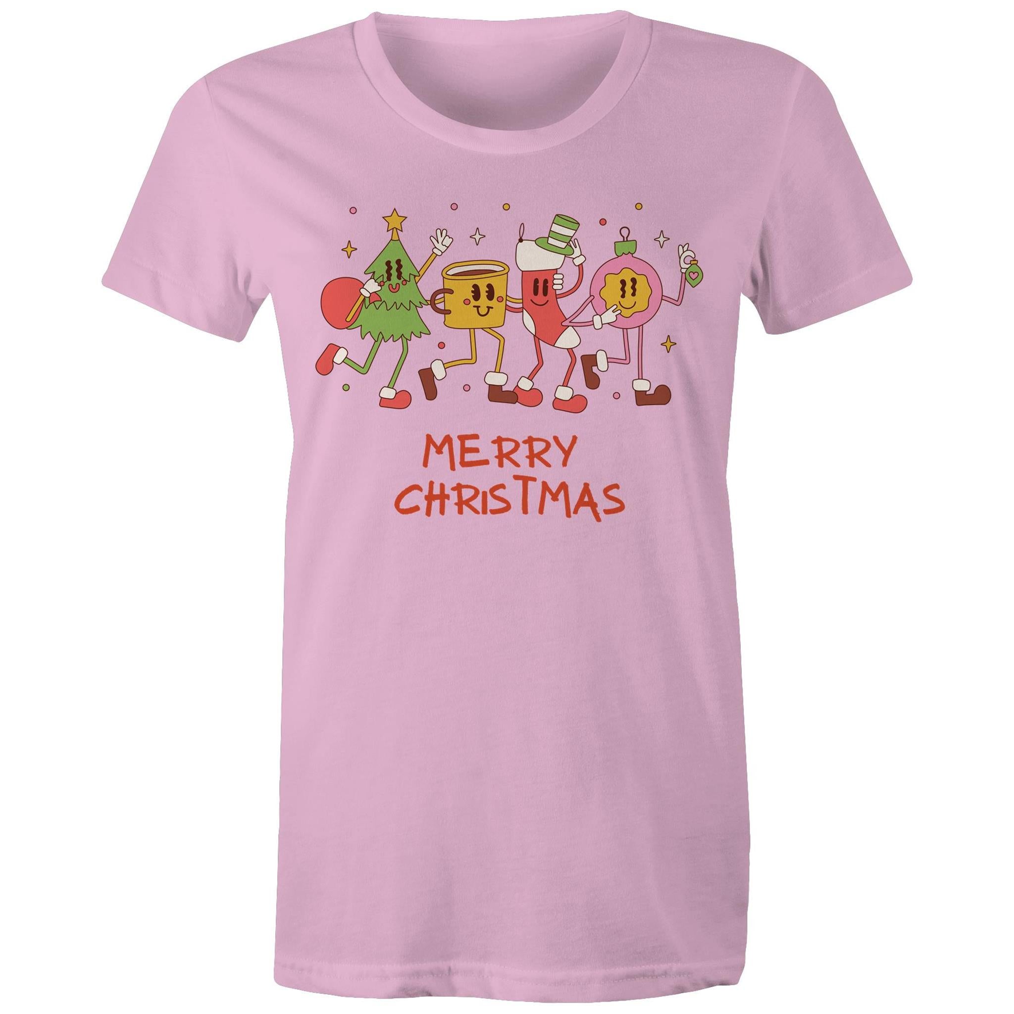 Crazy Christmas Characters - Womens T-shirt Pink Womens Christmas T-shirt Christmas Printed In Australia