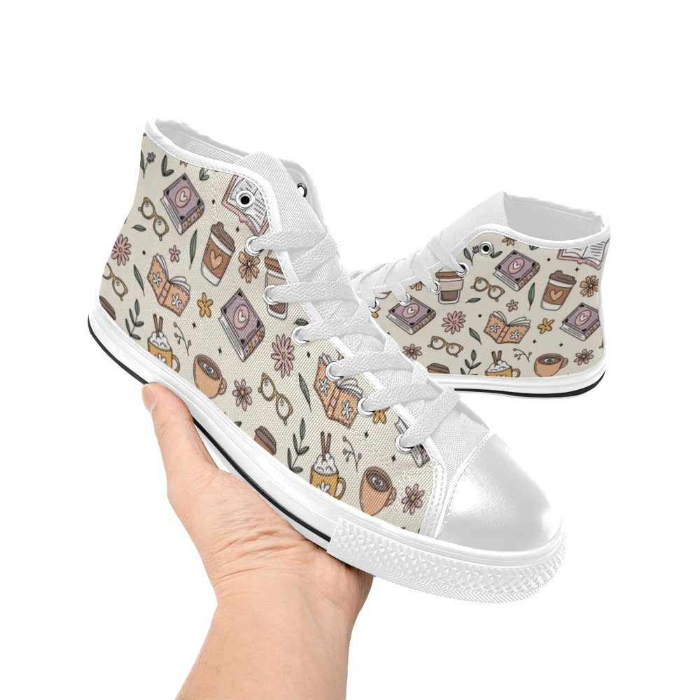 Books And Coffee Women's High Top Canvas Shoes Womens Classic High Top Shoes Coffee Printed Offshore Reading