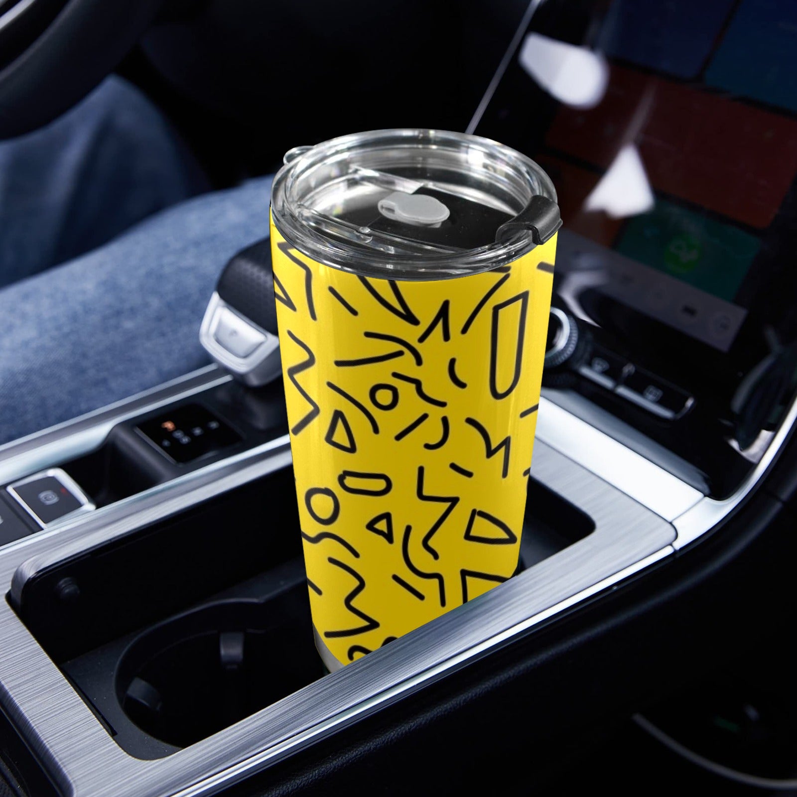 Black Squiggle On Yellow - 20oz Mobile Tumbler with Lid (Black Lock)