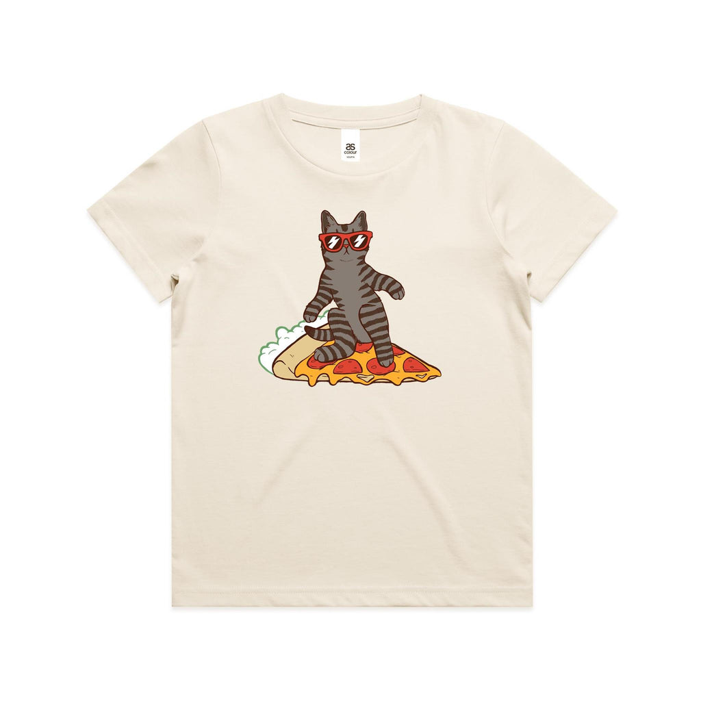 Cat Surfing On Pizza Kid's AS Colour T-shirt