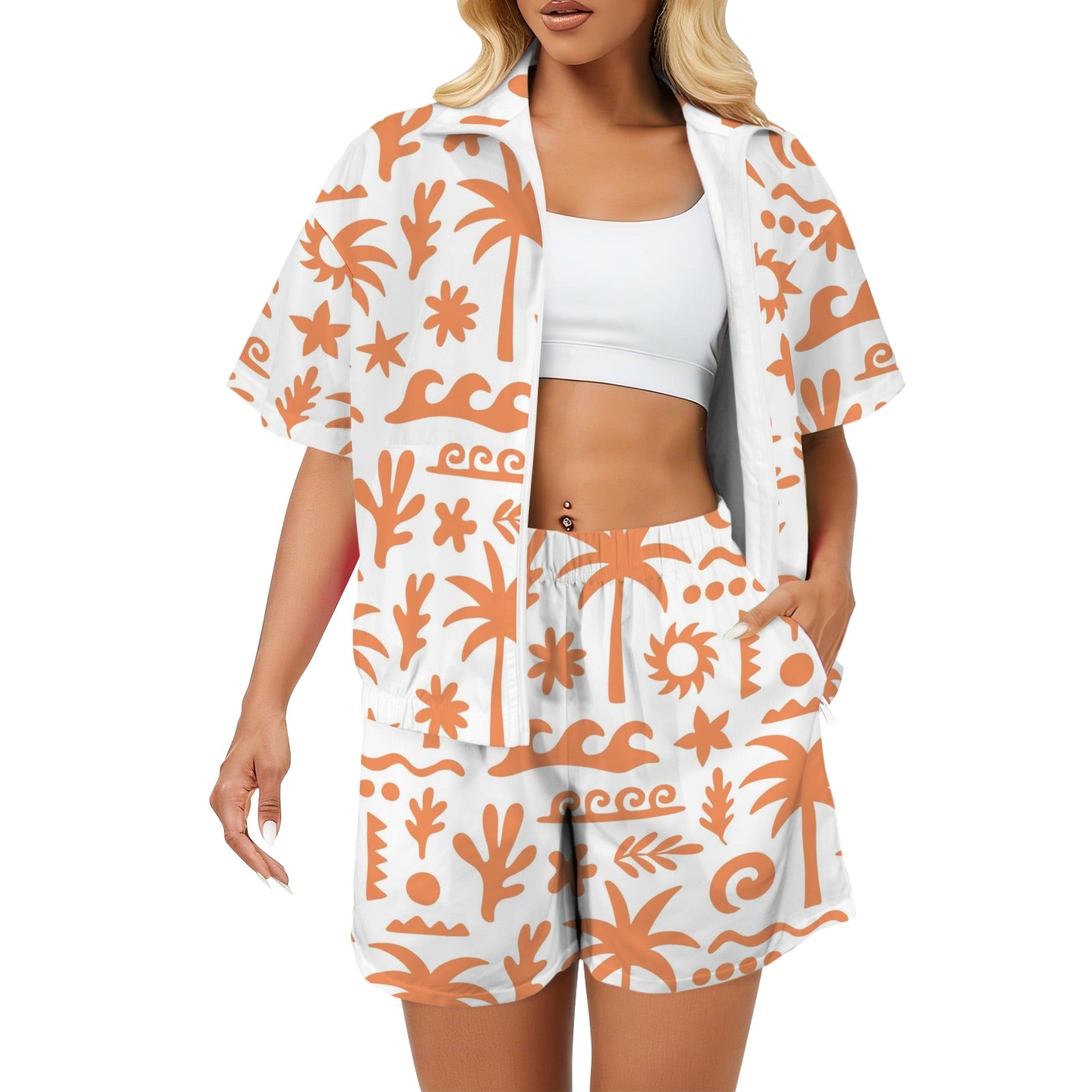 Orange Surf Women's Windbreaker Short Set 2XL Women's Windbreaker Short Set Printed Offshore Surf