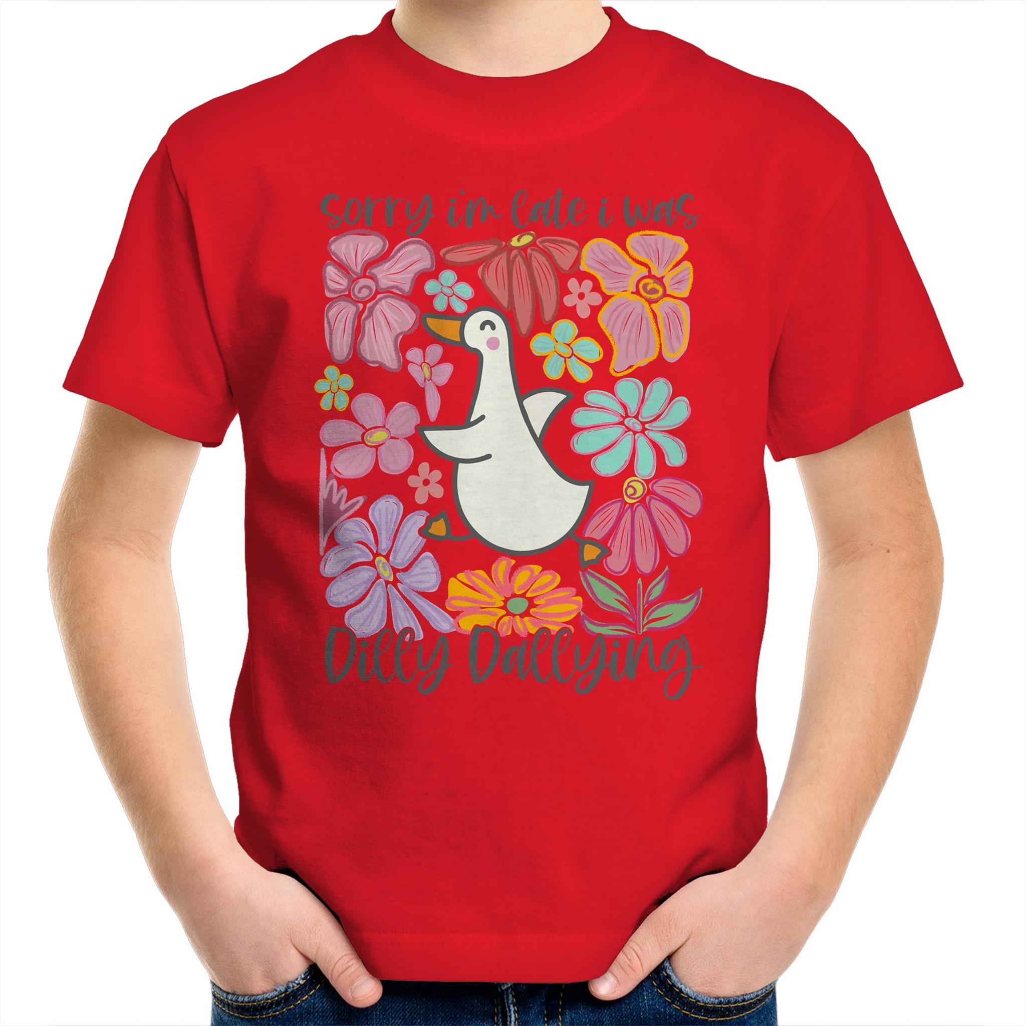 Sorry I'm Late, I Was Dilly Dallying - Kids Youth T-Shirt Red Kids Youth T-shirt animal Printed In Australia