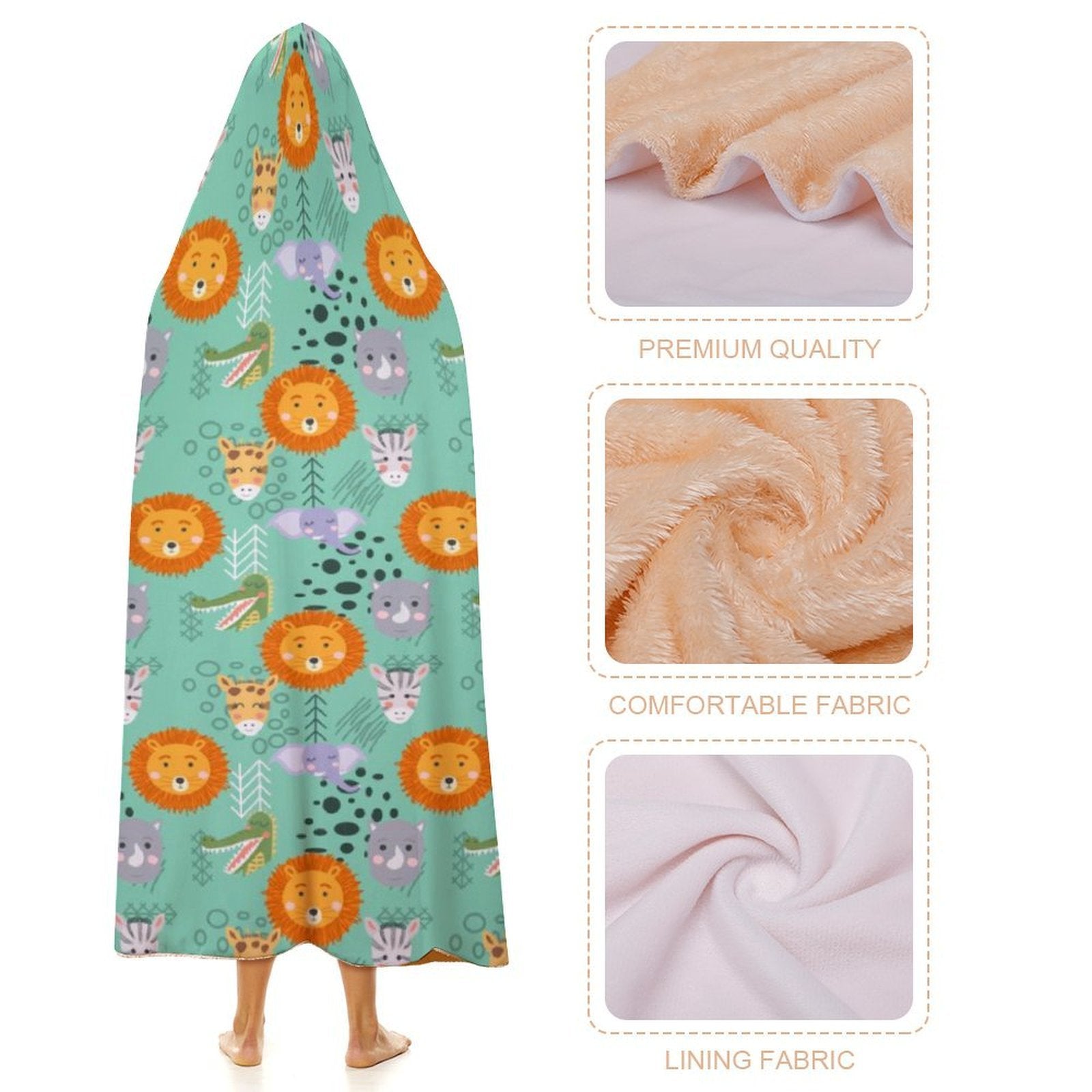 Safari Animals Kids Hooded Blanket 100cm x 130cm