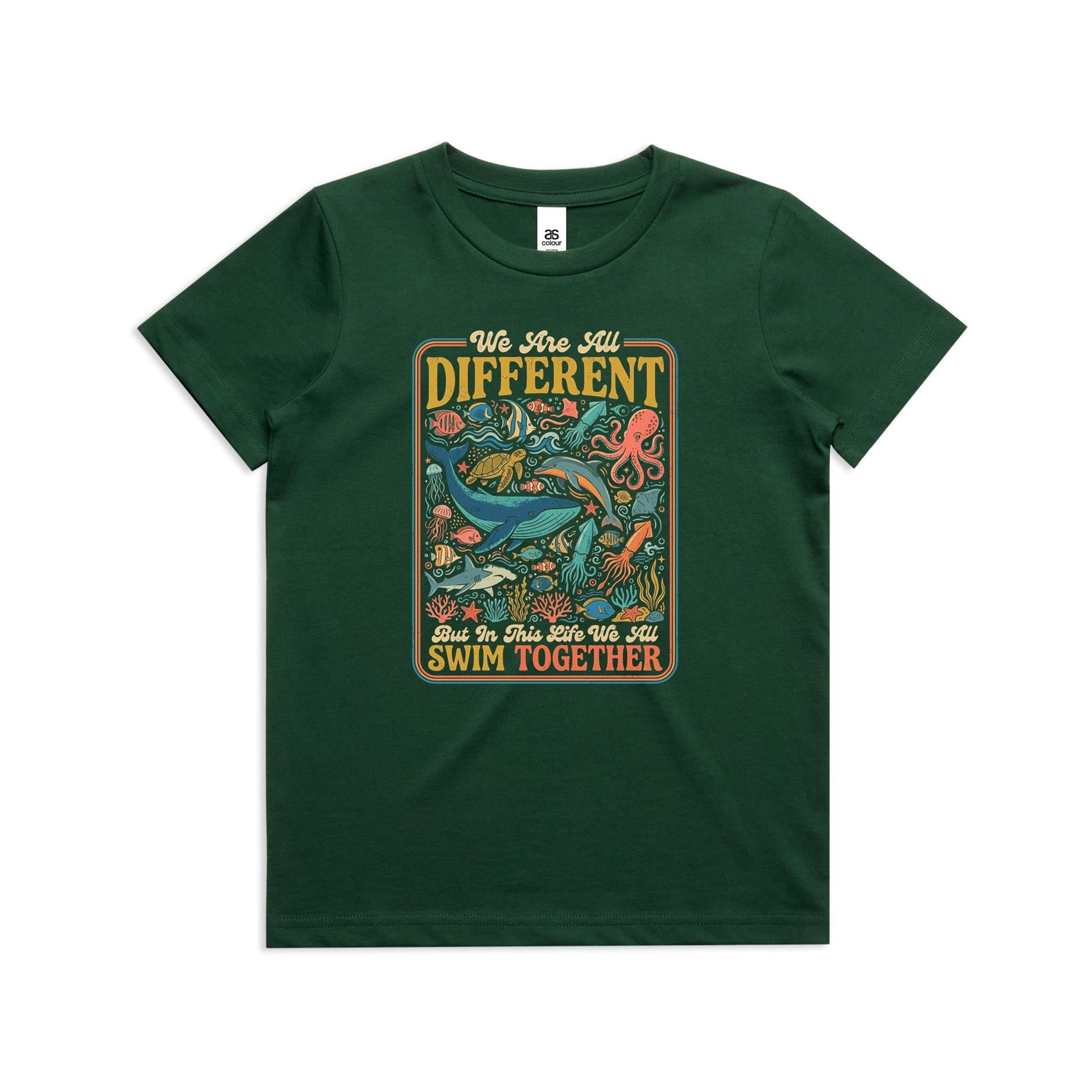 We Are All Different, But We All Swim Together - Kids AS Colour T-shirt Forest Green Kids Youth T-shirt animal Ocean Positivity Printed In Australia