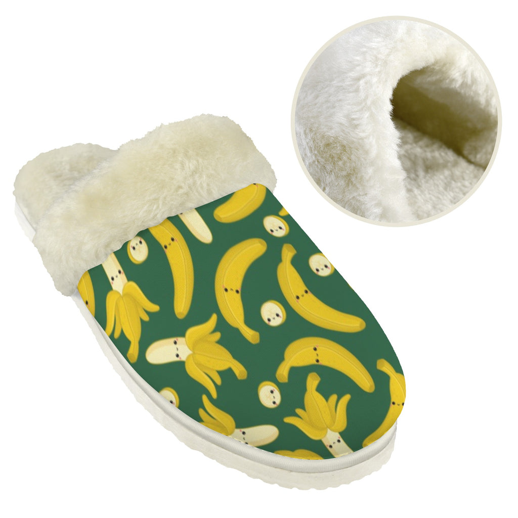 Happy Bananas Women's Fur Trim Thick-Sole Indoor Slippers Women's Fur Trimmed Slippers Food Printed Offshore
