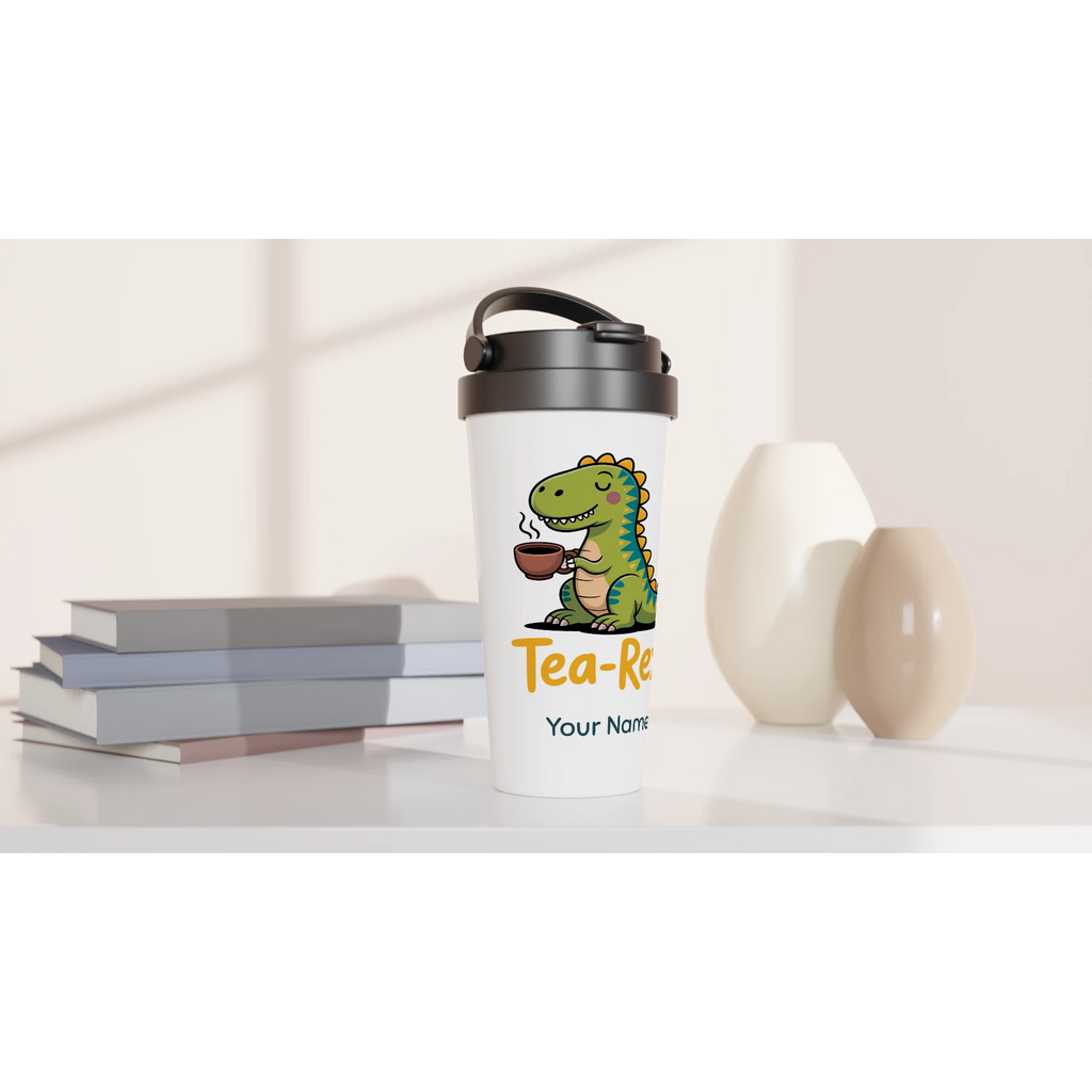 Personalised Tea-Rex, Tea Drinking Dinosaur White 15oz Stainless Steel Travel Mug Personalised Travel Mug Globally Fulfilled Tea
