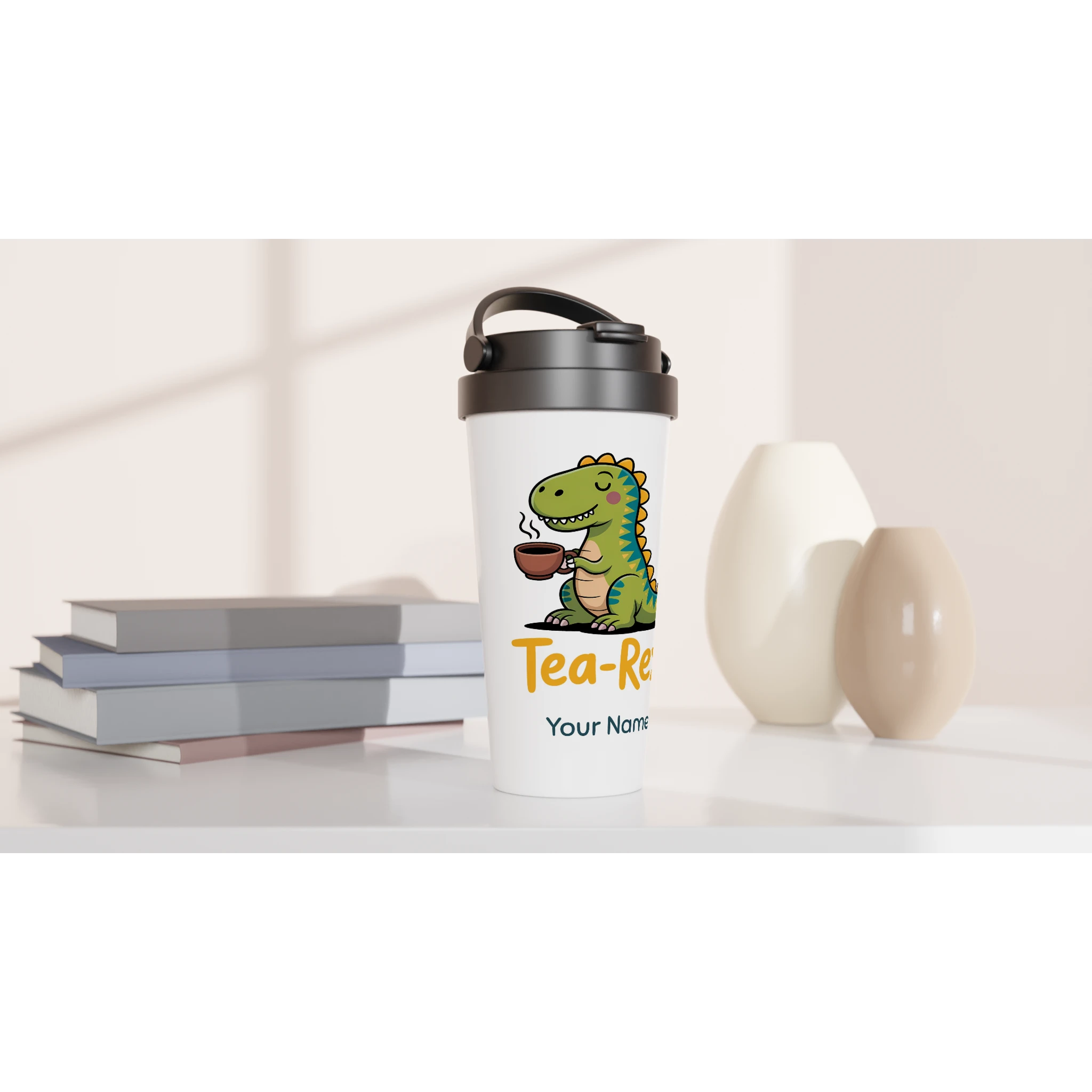 Personalised - Tea-Rex, Tea Drinking Dinosaur - White 15oz Stainless Steel Travel Mug Personalised Travel Mug Globally Fulfilled Tea