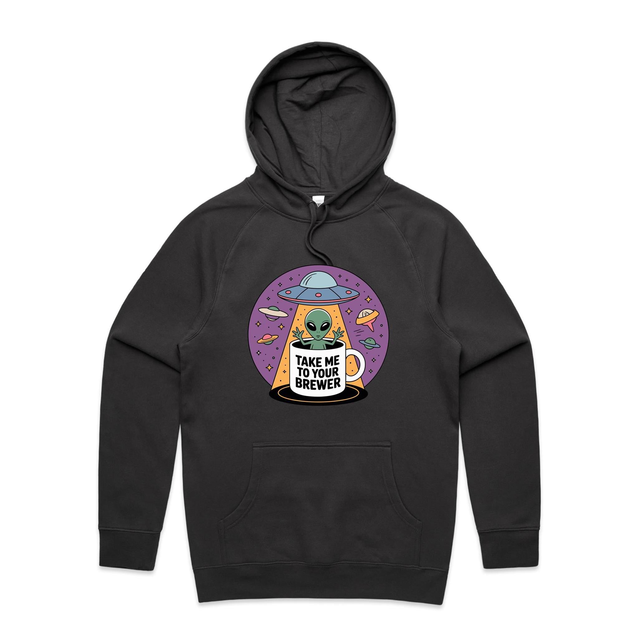 Coffee, Alien, UFO, Take Me To Your Brewer Men's AS Colour Hoodie Coal Mens Hoodie Coffee Printed In Australia Sci Fi