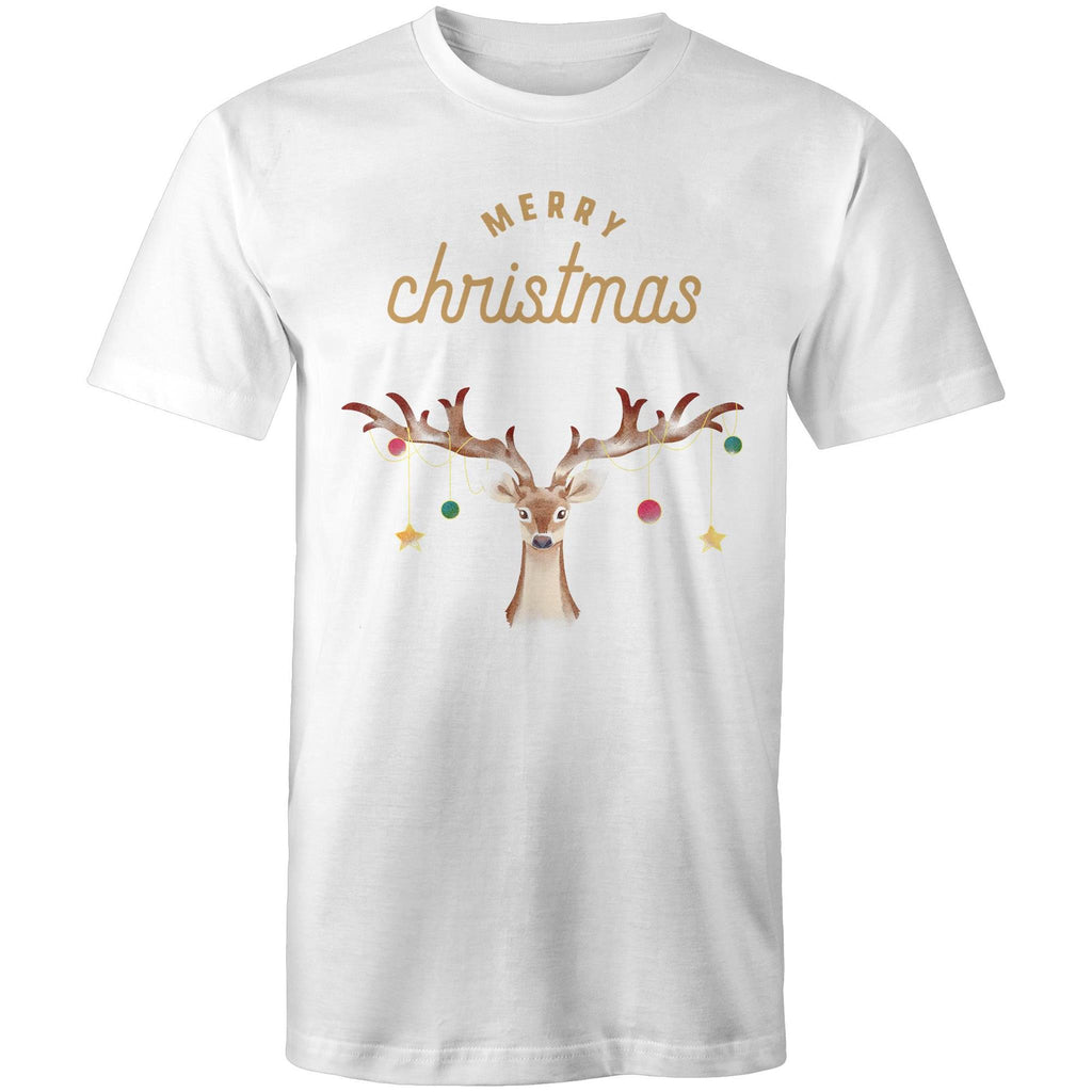 Merry Christmas, Reindeer - Mens T-Shirt White Mens Christmas T-shirt Christmas Printed In Australia