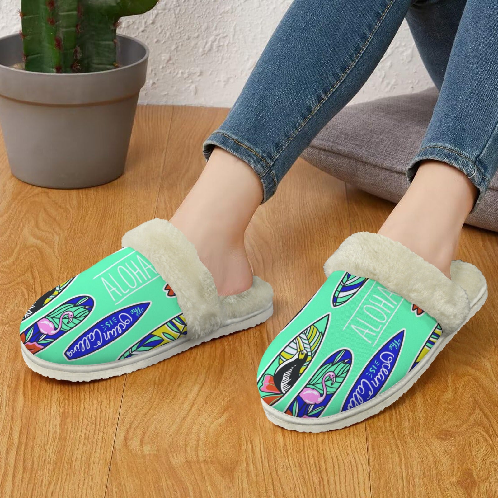 Aloha Surfboards Women's Fur Trim Thick-Sole Indoor Slippers Women's Fur Trimmed Slippers Printed Offshore Surf