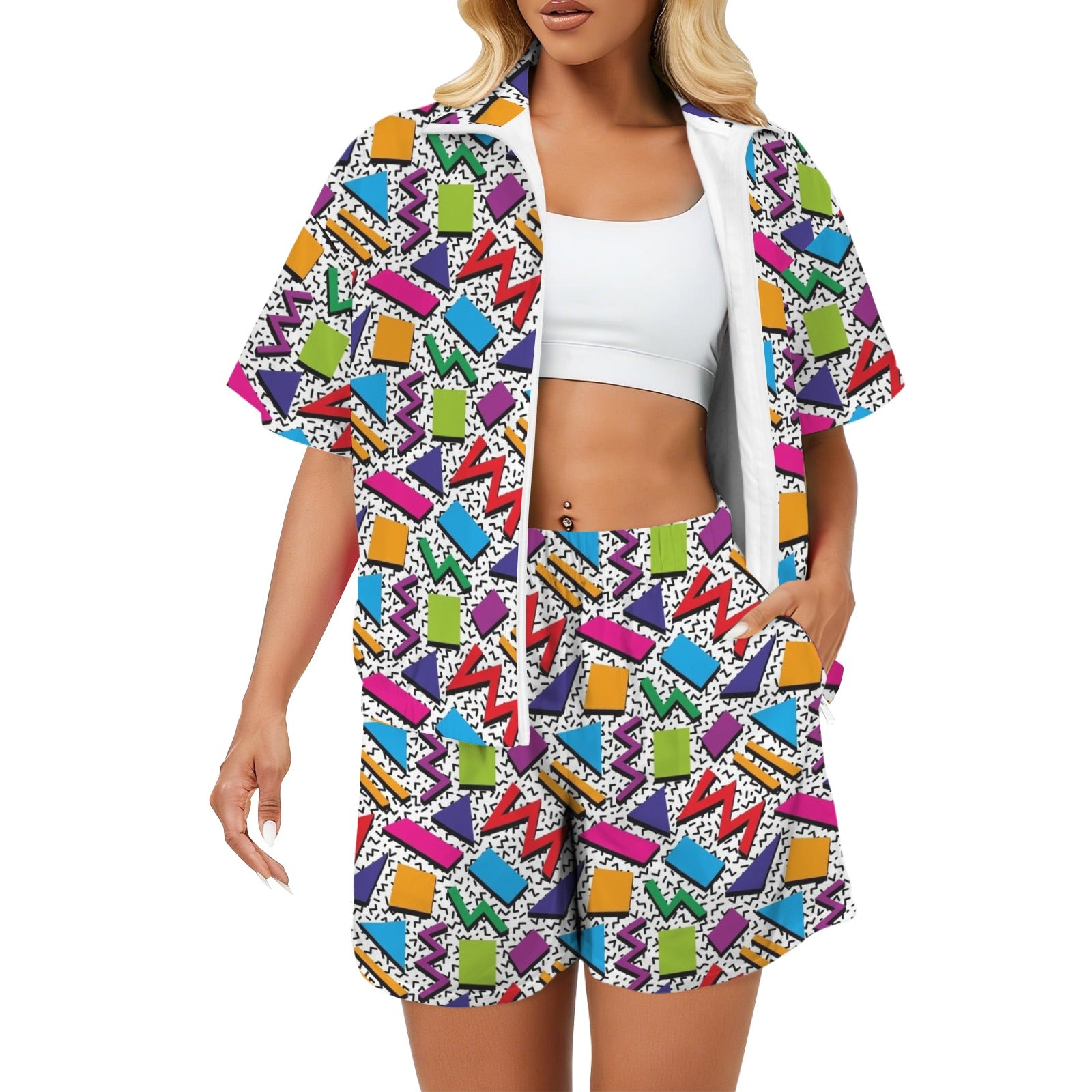 Graphic 80's Women's Windbreaker Short Set 2XL Women's Windbreaker Short Set Printed Offshore Retro