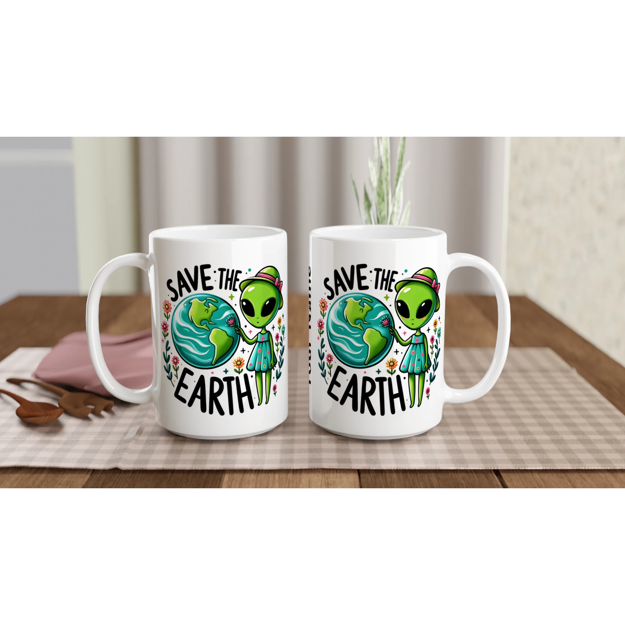 Personalised - Save The Earth, Alien - White 15oz Ceramic Mug Personalised 15oz Mug customise Environment Globally Fulfilled personalise Sci Fi