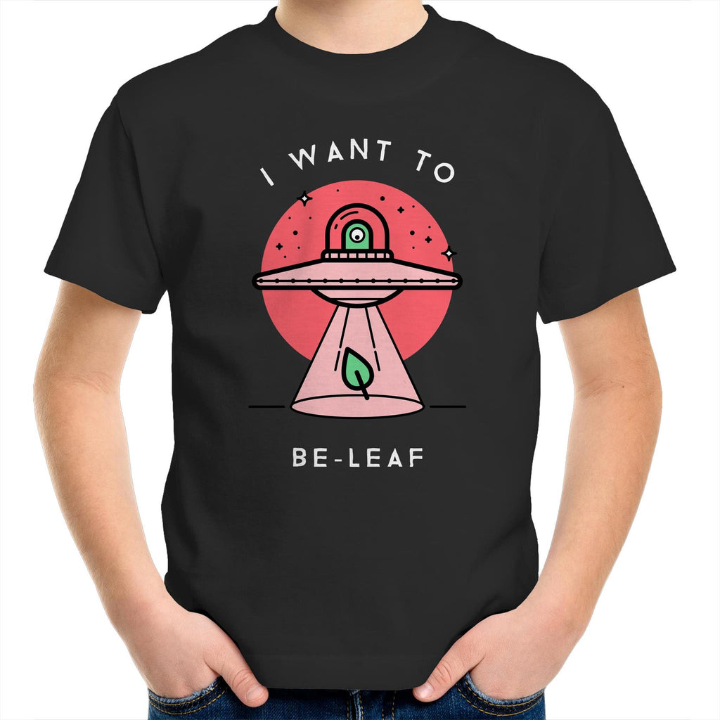 I Want To Be-Leaf, Alien, UFO - Kids Youth T-Shirt Black Kids Youth T-shirt Printed In Australia Sci Fi